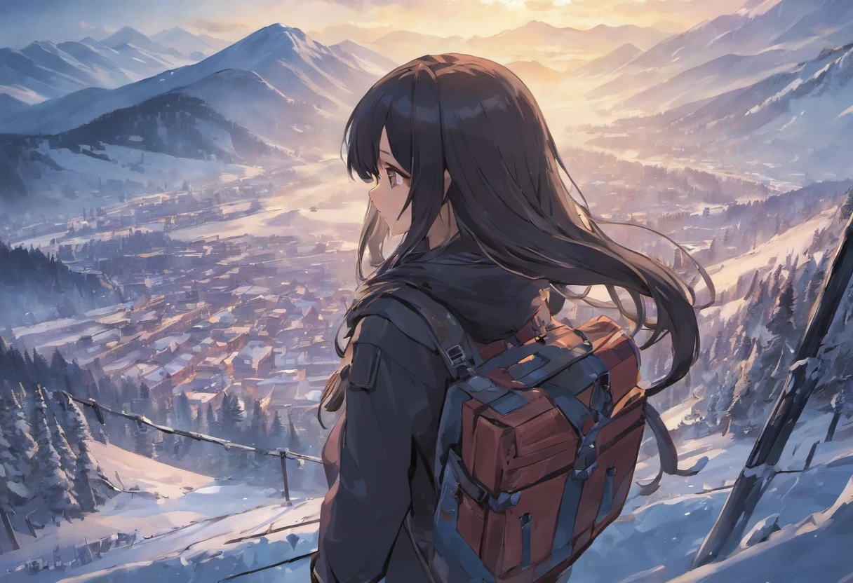 Broad lens，The back of a girl，（Long hair back），Resolute，（Walk towards the top of the snowy mountains），snow mountains，hiking clothes，Hiking trousers，Equip the backpack，Back shadow，Back shadow，Go ahead，full bodyesbian，mountain peaks，Solo，tmasterpiece，