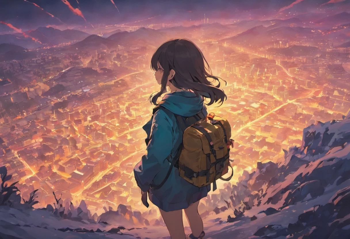Broad lens，The back of a girl，（Long hair back），Resolute，（Walk towards the top of the snowy mountains），snow mountains，hiking clothes，Hiking trousers，Equip the backpack，Back shadow，Back shadow，Go ahead，full bodyesbian，mountain peaks，Solo，tmasterpiece，