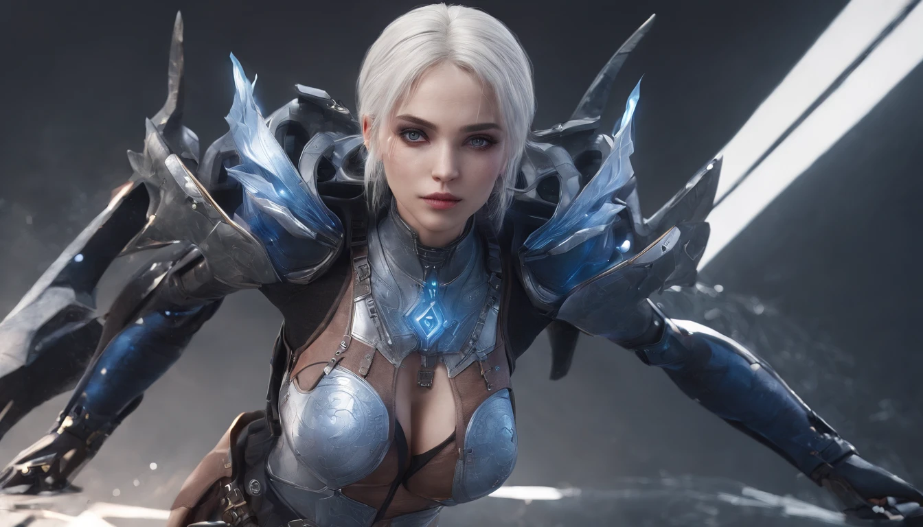 Cirilla Fiona Elen Riannon，Highest image quality，Outstanding details，超高分辨率，（Fidelity：1.4）, Favor the details，closeup cleavage，Ride a dragon，High-tech dragon knight mech，He has a delicate and beautiful face，（（Blue-white flying semi-mechanical fuselage：1.8）），Raised sexy，frontage，Cidade futuristica，mechanically aesthetic，Virtual Engine 5，Perfect detail rendering，rendering by octane，hyper HD