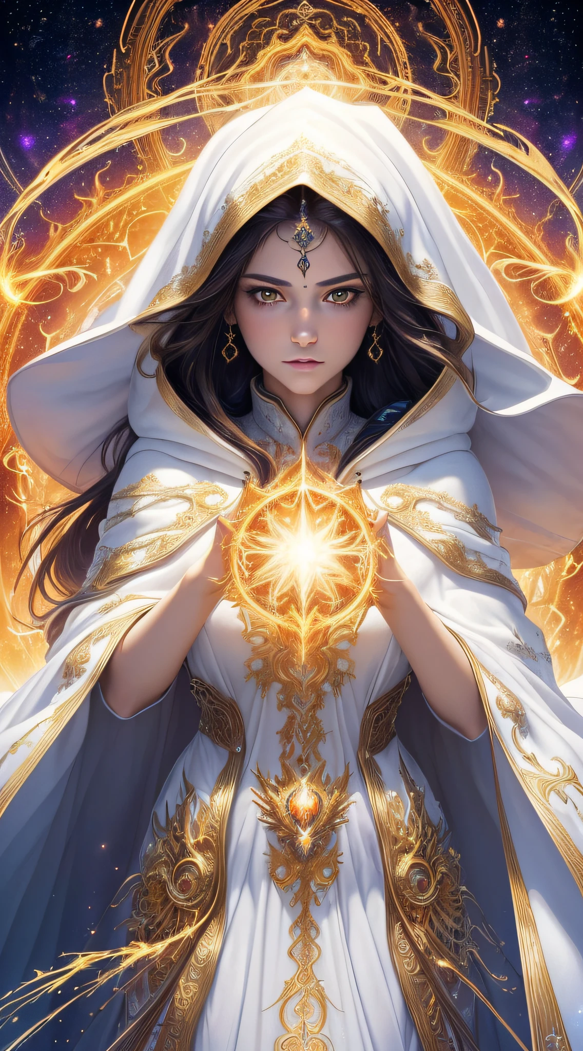 (masterpiece, top quality, best quality, official art, beautiful and aesthetic:1.2), (1girl), extreme detailed eyes, (fractal art:1.3), colorful, highest detailed, (perfect face), shiny skin, HDR, (white cloak golden lines:1.2), galaxy, (light streaks), striking visuals, (dynamic streaks, luminous trails:1.2), vibrant colors, (phoenix), (dragon)