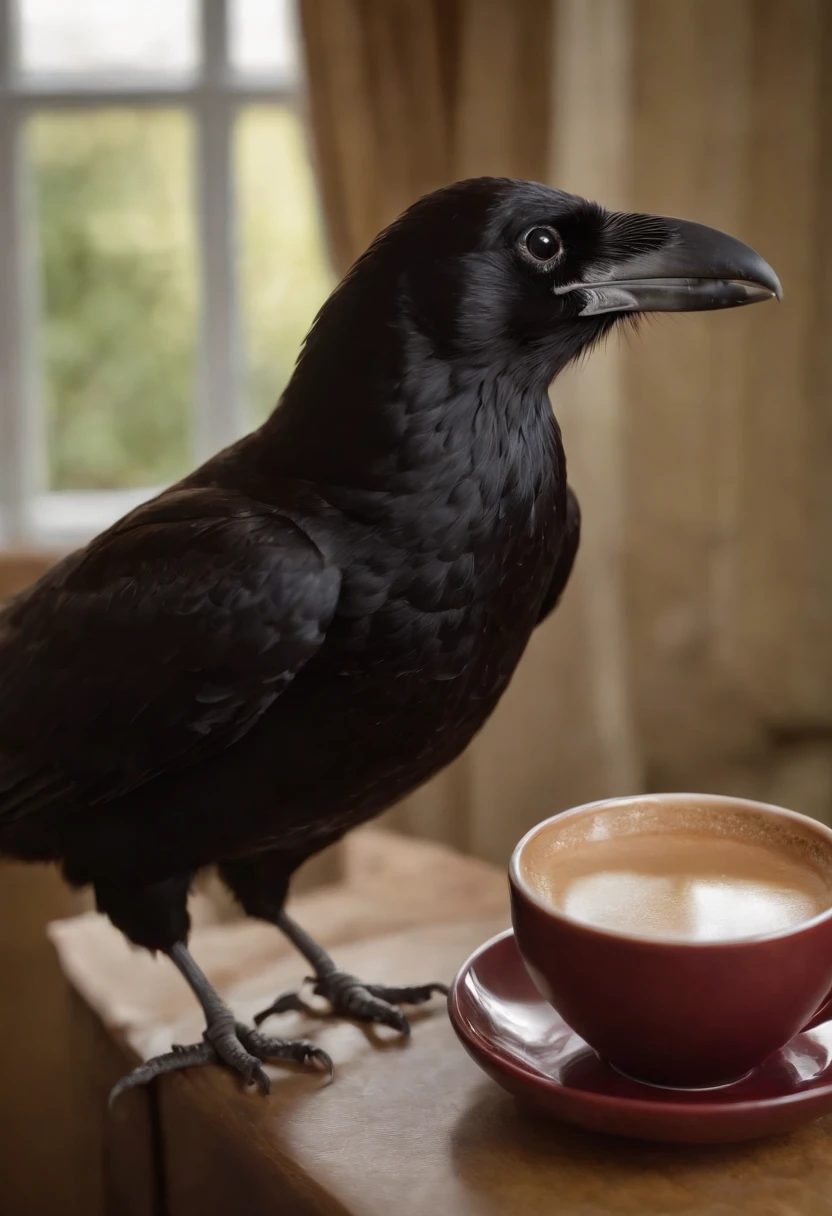 melhor qualidade:1.23), (obra-prima:1.12), (realista:1.24), (Anthropomorphic crow:1.5) holding a cup of coffee, sentado, in a bathrobe, having breakfast and holding a cup of coffee, volumeric lighting, Sala de estar, muitos gadgets e equipamentos em chamas, smoke billowing, (chamas ao redor:1.2),