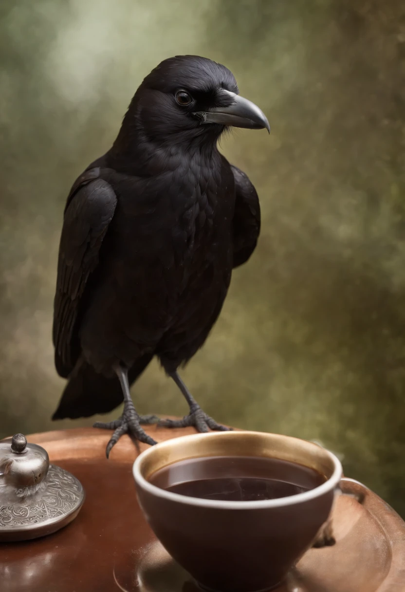 melhor qualidade:1.23), (obra-prima:1.12), (realista:1.24), (Anthropomorphic crow:1.5) holding a cup of coffee, sentado, in a bathrobe, having breakfast and holding a cup of coffee, volumeric lighting, Sala de estar, muitos gadgets e equipamentos em chamas, smoke billowing, (chamas ao redor:1.2),