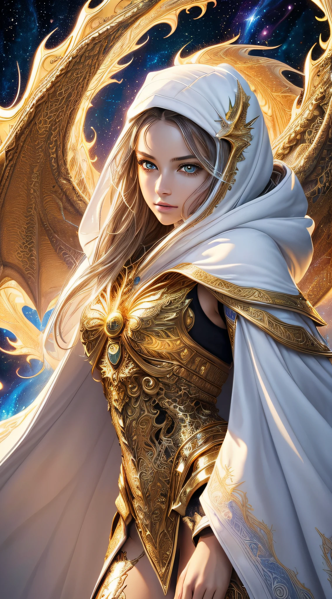 (masterpiece, top quality, best quality, official art, beautiful and aesthetic:1.2), (1girl), extreme detailed eyes, (fractal art:1.3), colorful, highest detailed, (perfect face), shiny skin, HDR, (white cloak golden lines:1.2), galaxy, (light streaks), striking visuals, (dynamic streaks, luminous trails:1.2), vibrant colors, (phoenix), (dragon)