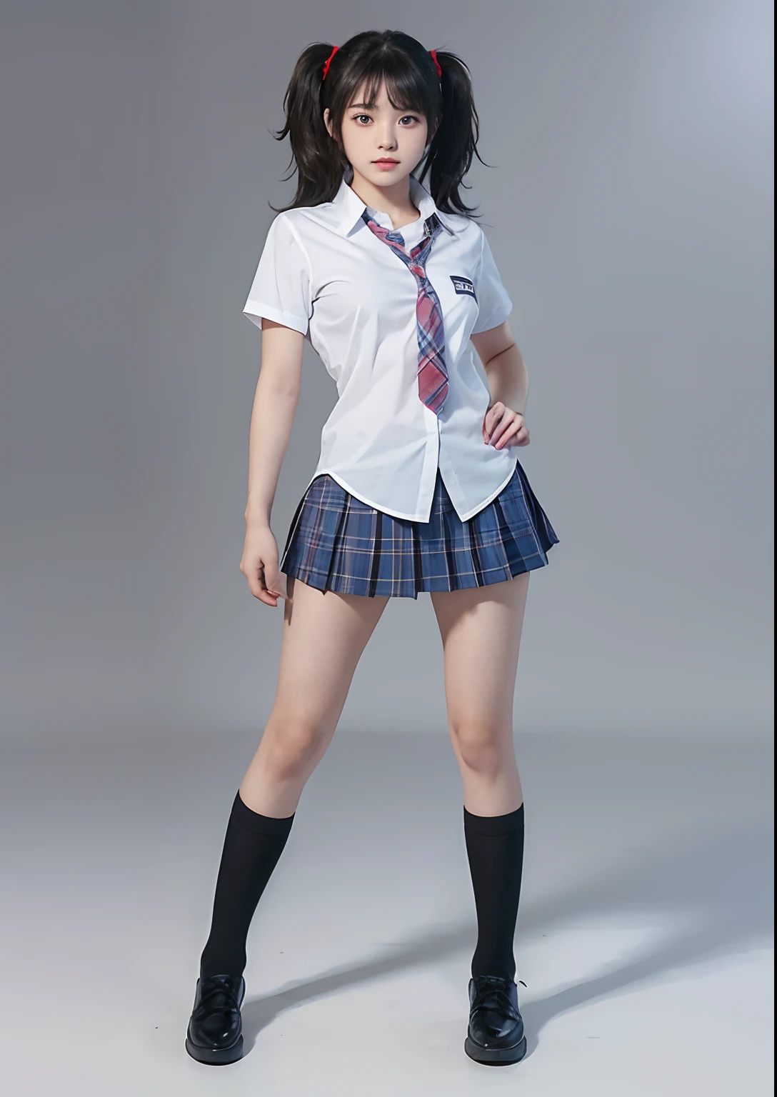 a girl, school uniform, white shirt, blue plaid skirt, red tie, hyperrealistic, school background, beautiful high school girl, school girl, cute schoolgirl, two tail hair style, black shoes, Ling Xiaoyu from Tekken