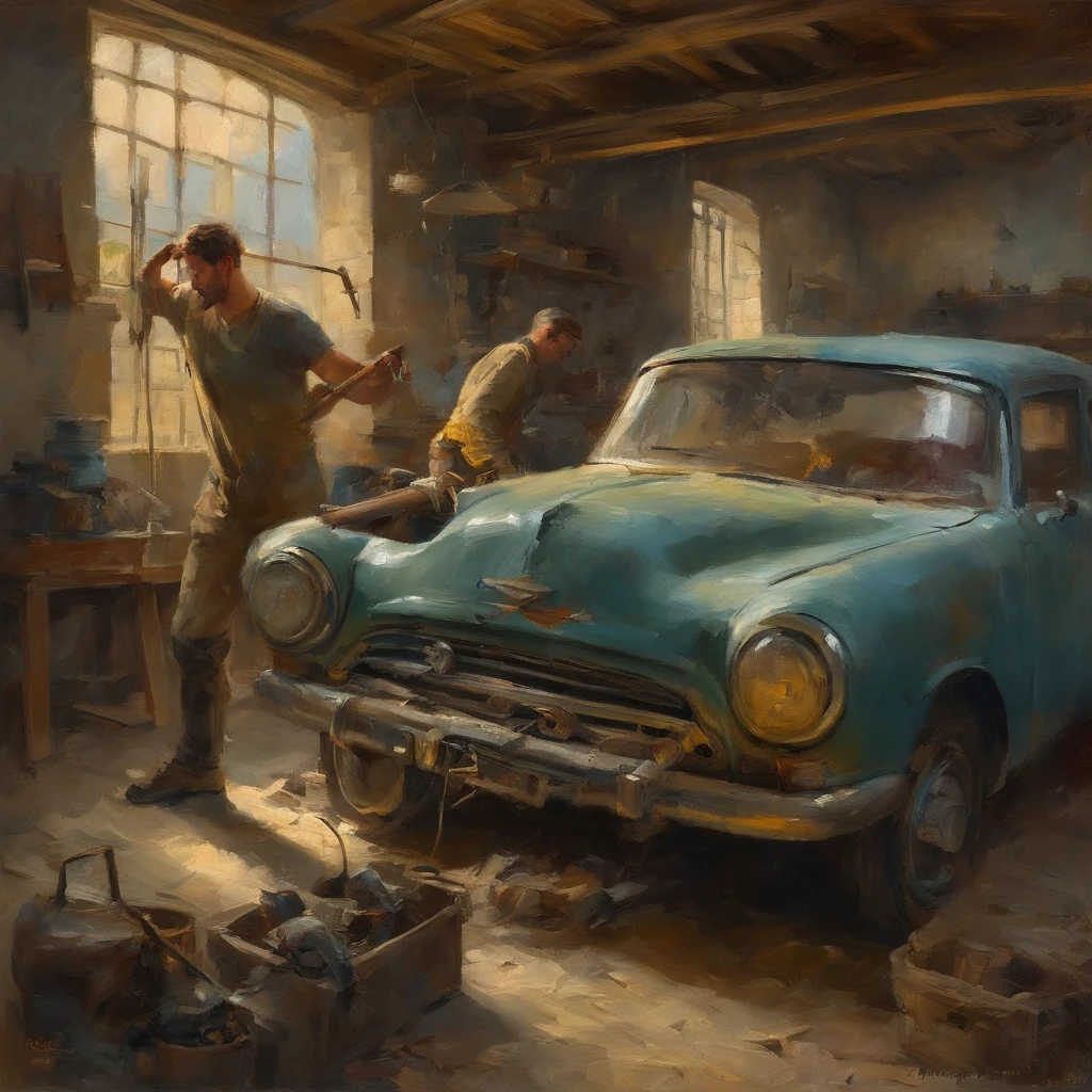 obra prima、qualidade superior、Piece、um close-up、com luz brilhante、felicidade、Cool morning sun、(spark:0.7) 、passear、Paisagens dois homens jovens, bonitos trabalhando em um carro em uma garagem, Mechanicalgirl, mechnical, inspect in inventory image, maintenance, advanced technique, editing, automotivo, Directed by: Matias Jama, Charismatic young mechanic, ombro na frente pose, Foto de Stock, maintenance photo, conhecimento intenso, trabalho profissional, highly technical, fundo interessante, Shutterstock, Directed by: Oskar Lüthy