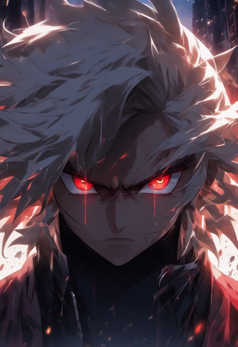 High quality, ultra detailed, man wearing black hoodie, facing behind the camera and head facing the camera, ultra realistic, red eyes, white hair, on the road, standing