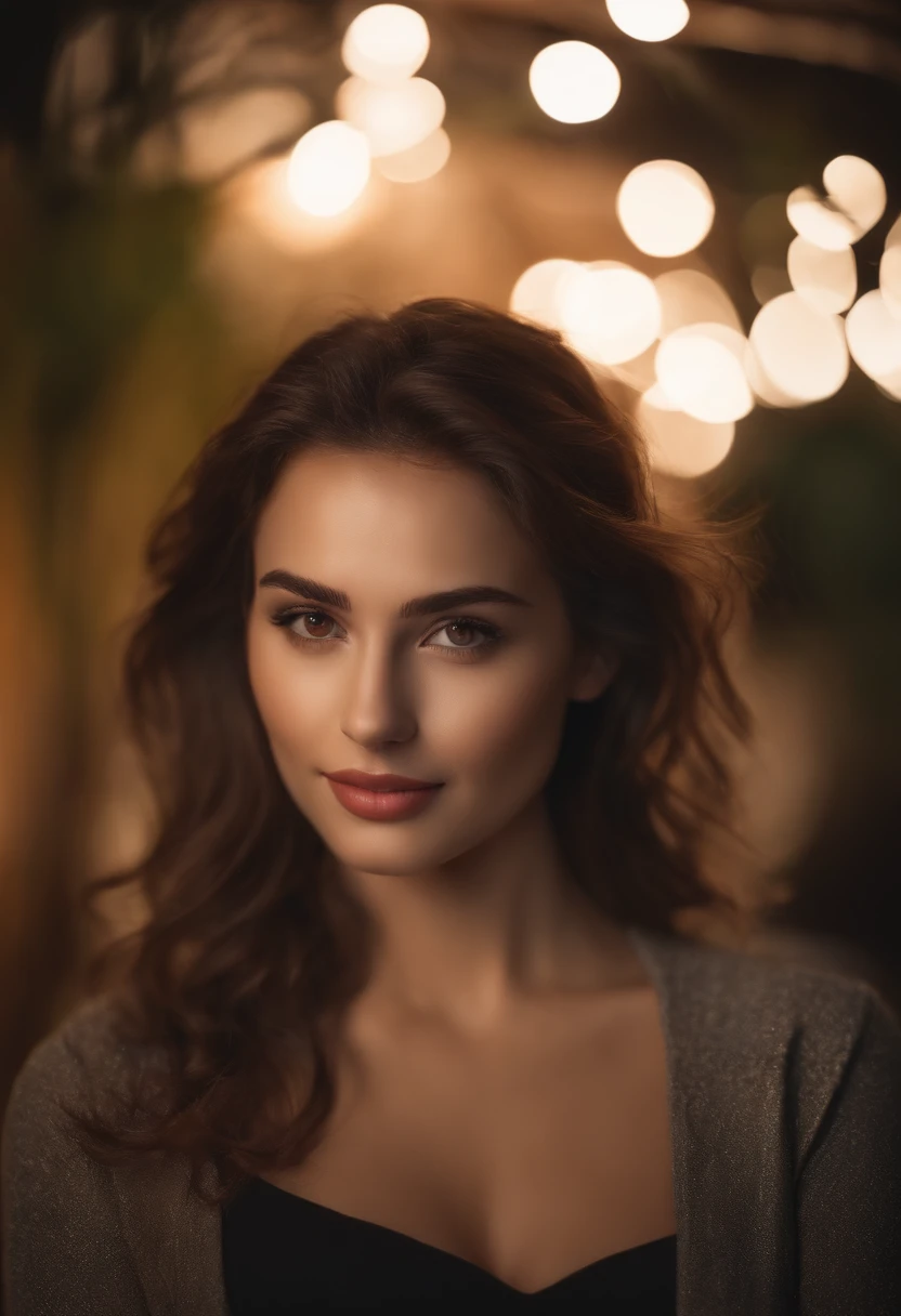 Night, RAW Photography, (((Very Beautiful Portrait))), (Very Beautiful Portrait))), 1 Girl, Sexy 25 Year Old Girl, ((Natural Brown Hair with Short Cuts)), [Brown Eyes],Gentle Smile Staring at the Camera(cleavage), ((Masterpiece, Best Quality, Ultra Detail, Cinematic Lights, Intricate Detail, High Definition, 8k, Very Detailed)), Detail Background, 8k UHD, DSLR, soft lighting, high quality, film grain, fujifilm XT3, shallow depth of field, natural light, perfect face