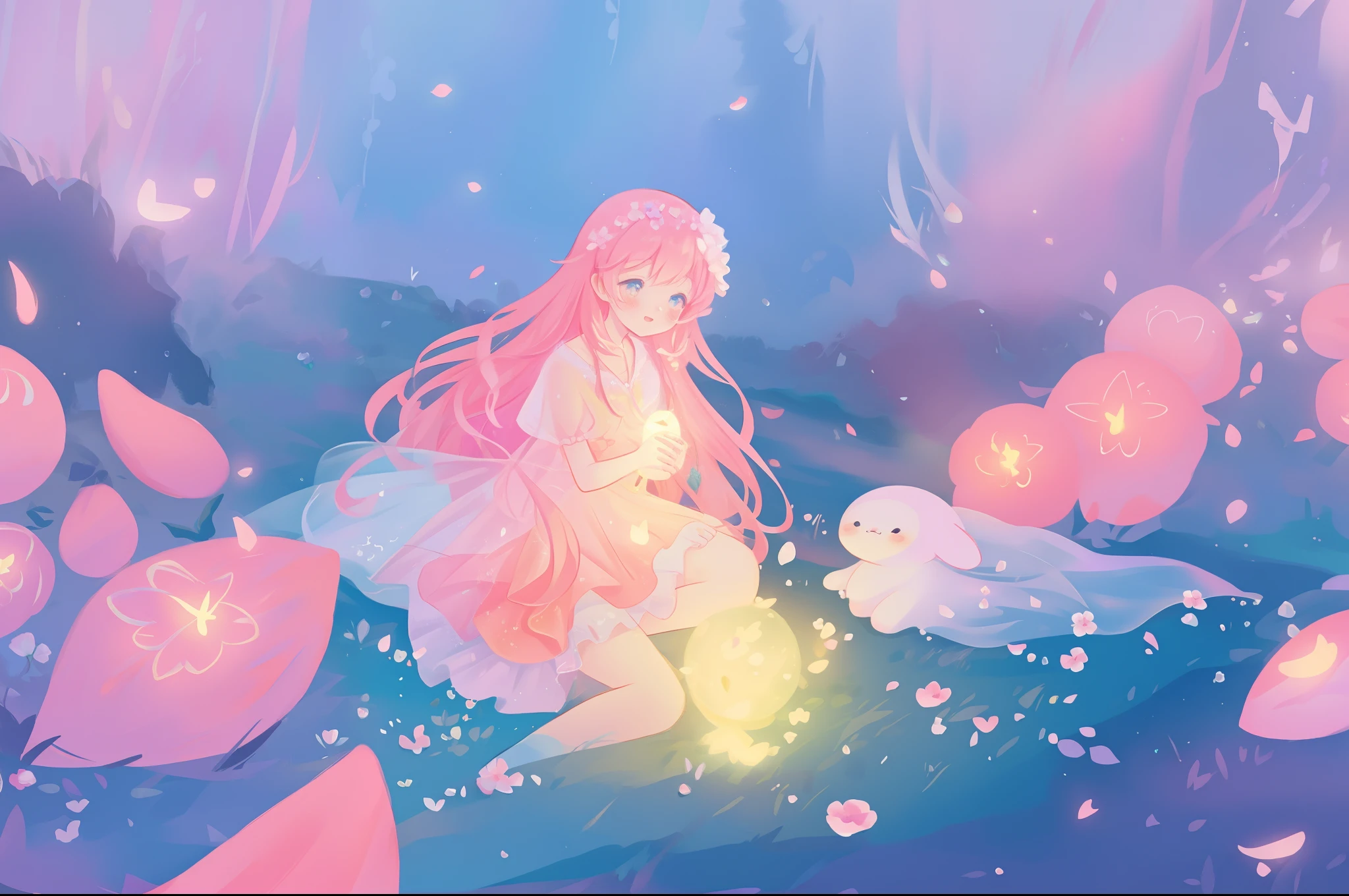 beautiful girl in flowing ballgown, flower fairy in a dress made of flower petals, flowers and colorful plants, inspired by Glen Keane, inspired by Lois van Baarle, disney art style, by Lois van Baarle, glowing aura around her, by Glen Keane, jen bartel, glowing lights! digital painting, flowing glowing hair, glowing flowing hair, beautiful digital illustration, fantasia otherworldly landscape plants flowers, beautiful, masterpiece, best quality, anime disney style