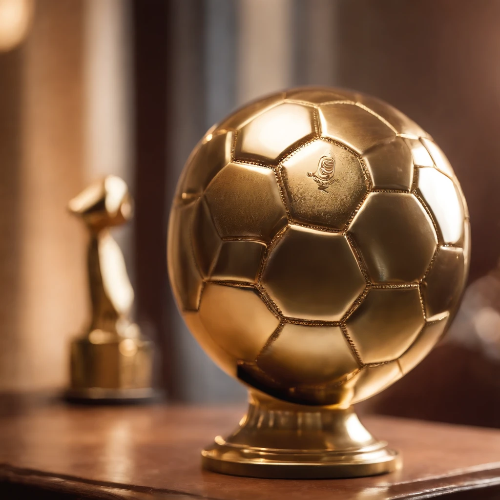 Football award on the table, chuteira com bola de ouro em cima