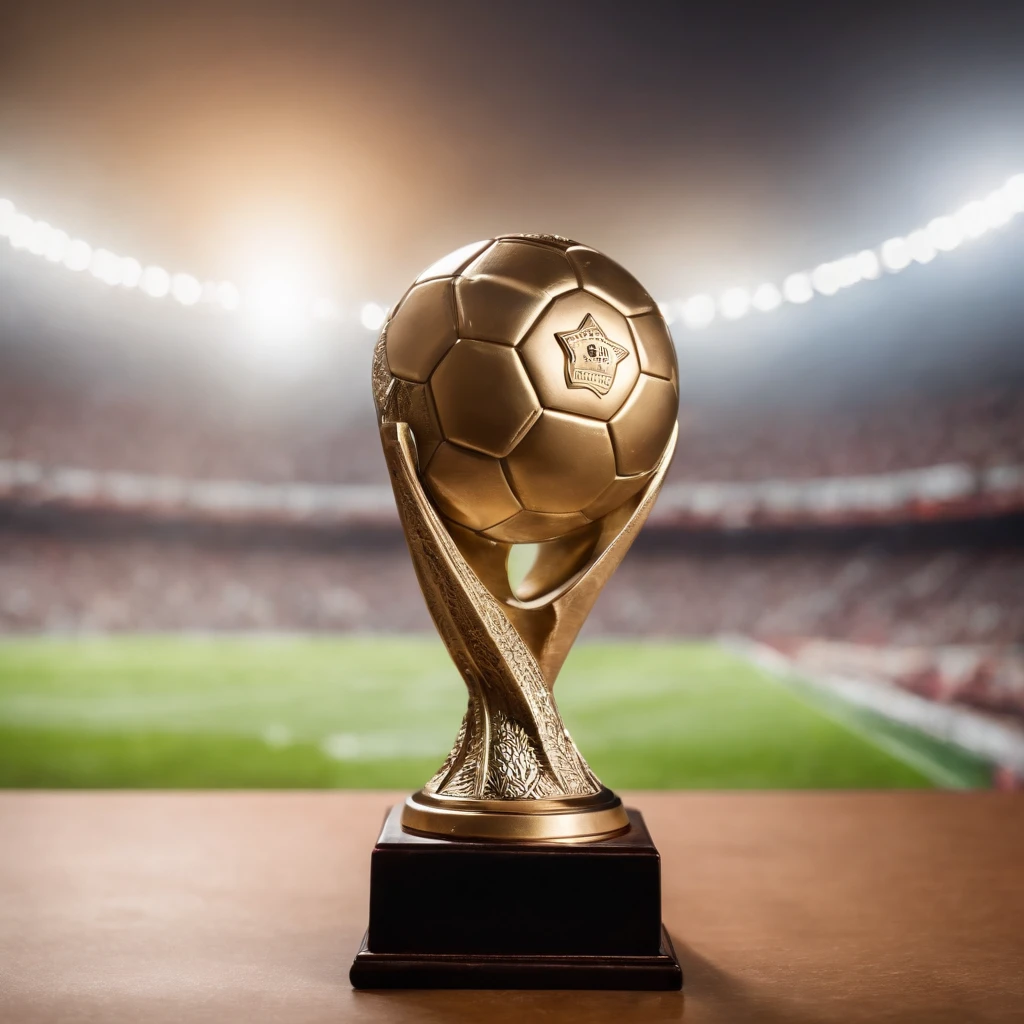 Football award on the table, chuteira com bola de ouro em cima