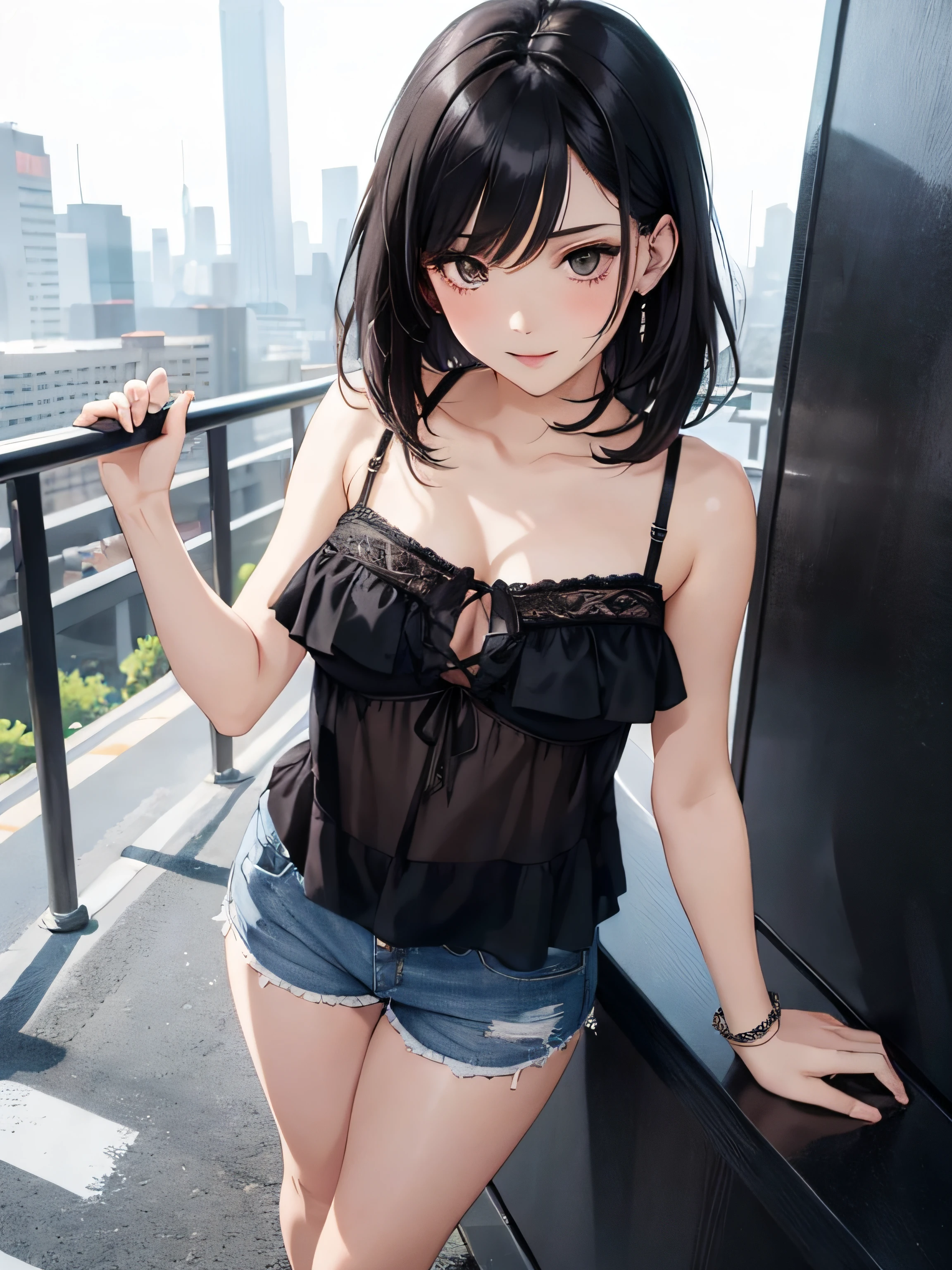 a girl with low-cut blouse, medium breasts, shorts, flirtatious look, very well detailed, cityscape or academy, black hair,