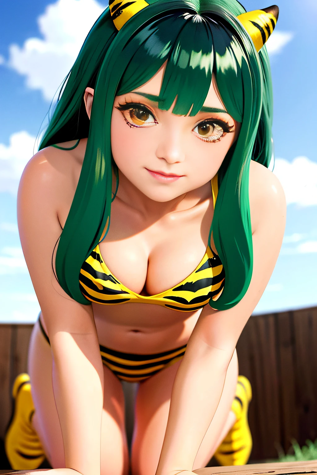 ram, of the highest quality, masutepiece, 超A high resolution, 4k texture, 8k RAW photo, Photorealistic, One girl, Looking at Viewer, Green hair, Black eyes, Long hair, Small, pointed oni horns, extremely detailed flowing hair, Full body, Long hair, Looking at the viewer, Detailed face, Realistic, Tiger Yellow Bikini, small yellow horns, Sharp eyes, Sharp Focus, Eyelashes, Retro art style, Simple background, Smile, Solo, makeup, 1 girl, (flight: 1.3), Nose, Animal print, Strapless bikini, cleavage, Full body, Big breasts, Floating hair, Crotch, Small horns, (Cowboy Shot), Low leg bikini, looking in camera ,  Print Bikini, (Solo: 1.5), Swimsuit, Tiger pattern, Tiger Stripes, (Electrokinetics, electric shock: 1.8),ram