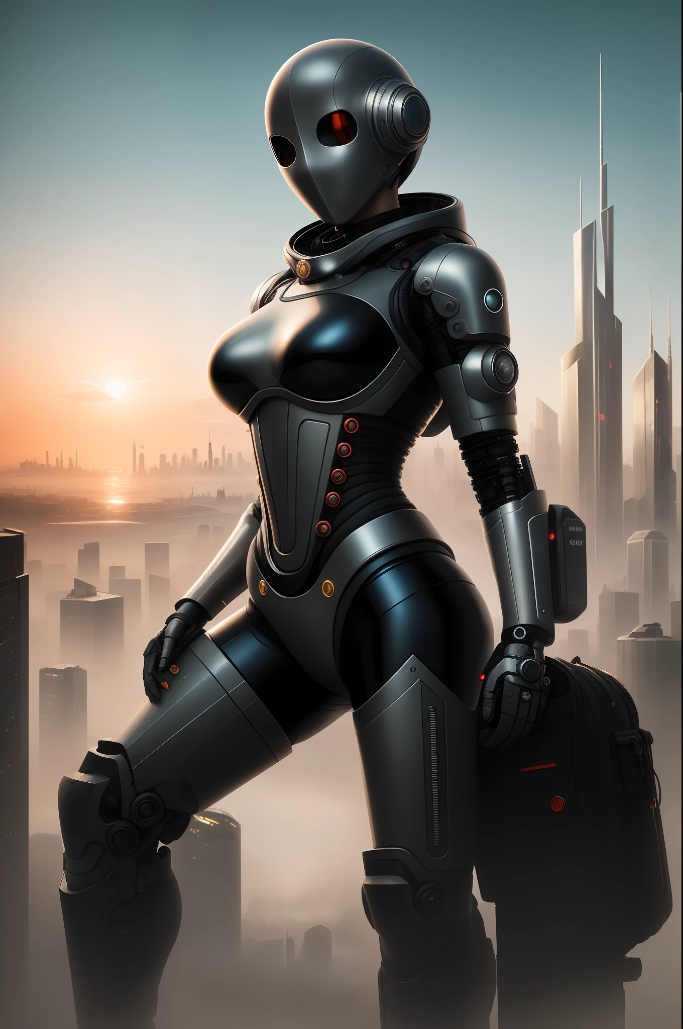 closeup portrait , Metal cyborg cyberpunk sexy woman, Pretty big breasts, Thin body, Narrow waist, (Large metals ), short braided hair, ((((One))) Red star on the forehead), Metallic skin, (with no face:1.5),Smooth reflective opaque breathing mask,Hide hands, ((((Futuristic cityscape with Soviet aesthetics as a backdrop)))), From a dystopian future, She represents the frontier of conceptual art, Unite the strength and ambition of a new era, photorealistic paintings , Intricate, 8K, ((Highly detailed skin)), Digital painting, Intense, Sharp focus, Art by Artgerm and Rutkowski , CGSesociety, in full height, primitive, analogue style, 1girll, *subject*, 8K, Ultra HD, Digital SLR, High quality, filmgrain, Fujifilm XT3
