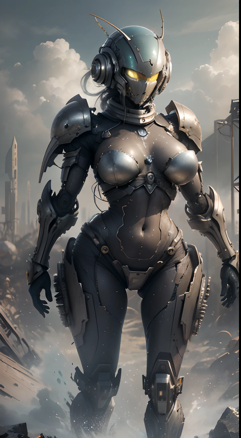 (8k, La mejor calidad, Obra maestra:1.2 Hermosa mujer, voluptuoso cuerpo entero, Usando armadura estilo Master Chef, condenar, precioso y hundido, sculptural body, usando mecha de metal desgastado, campo de batalla, alien planet, Enormes rocas, Alien structures destroyed by battle,