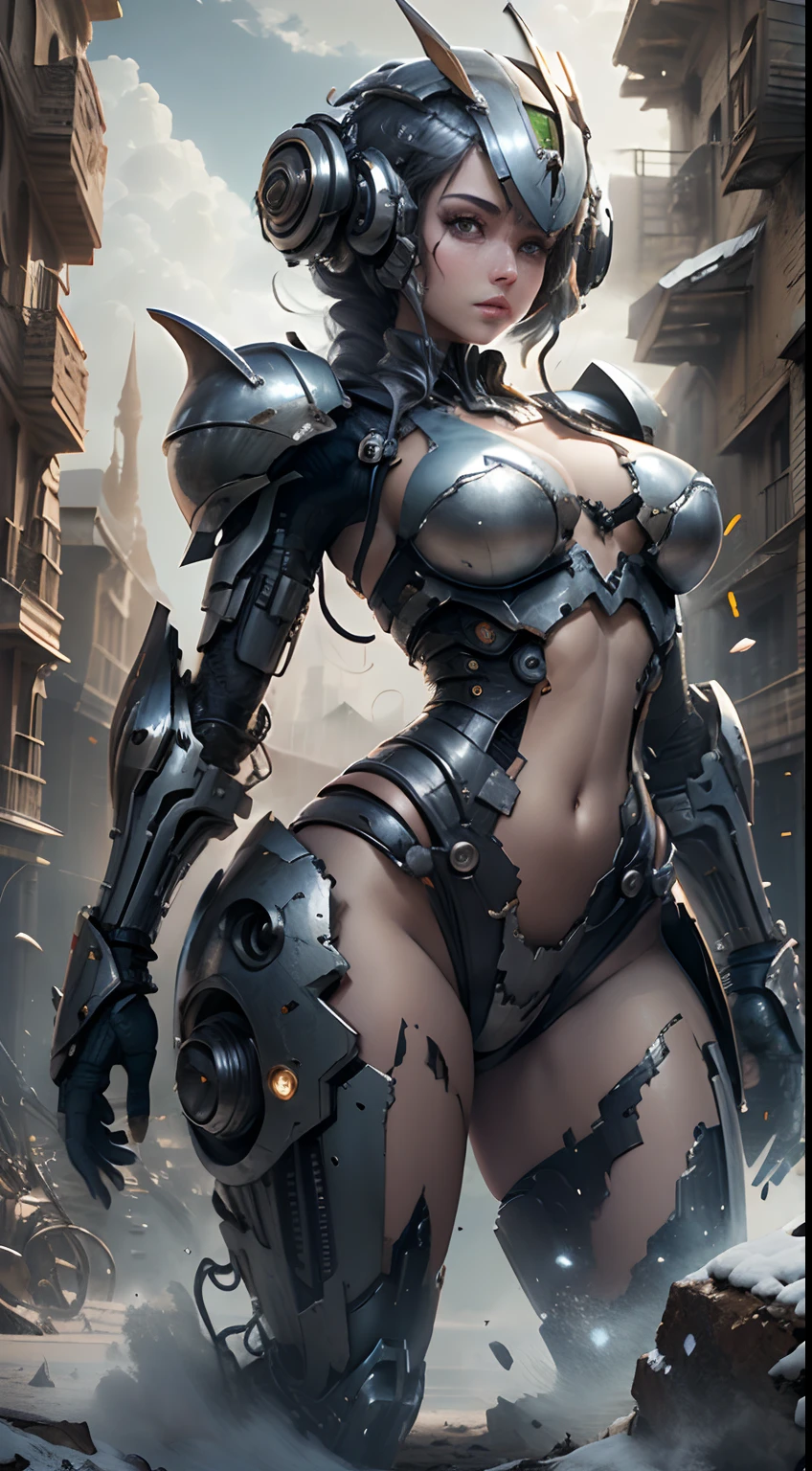 (8k, La mejor calidad, Obra maestra:1.2 Hermosa mujer, voluptuoso cuerpo entero, Usando armadura estilo Master Chef, condenar, precioso y hundido, sculptural body, usando mecha de metal desgastado, campo de batalla, alien planet, Enormes rocas, Alien structures destroyed by battle,