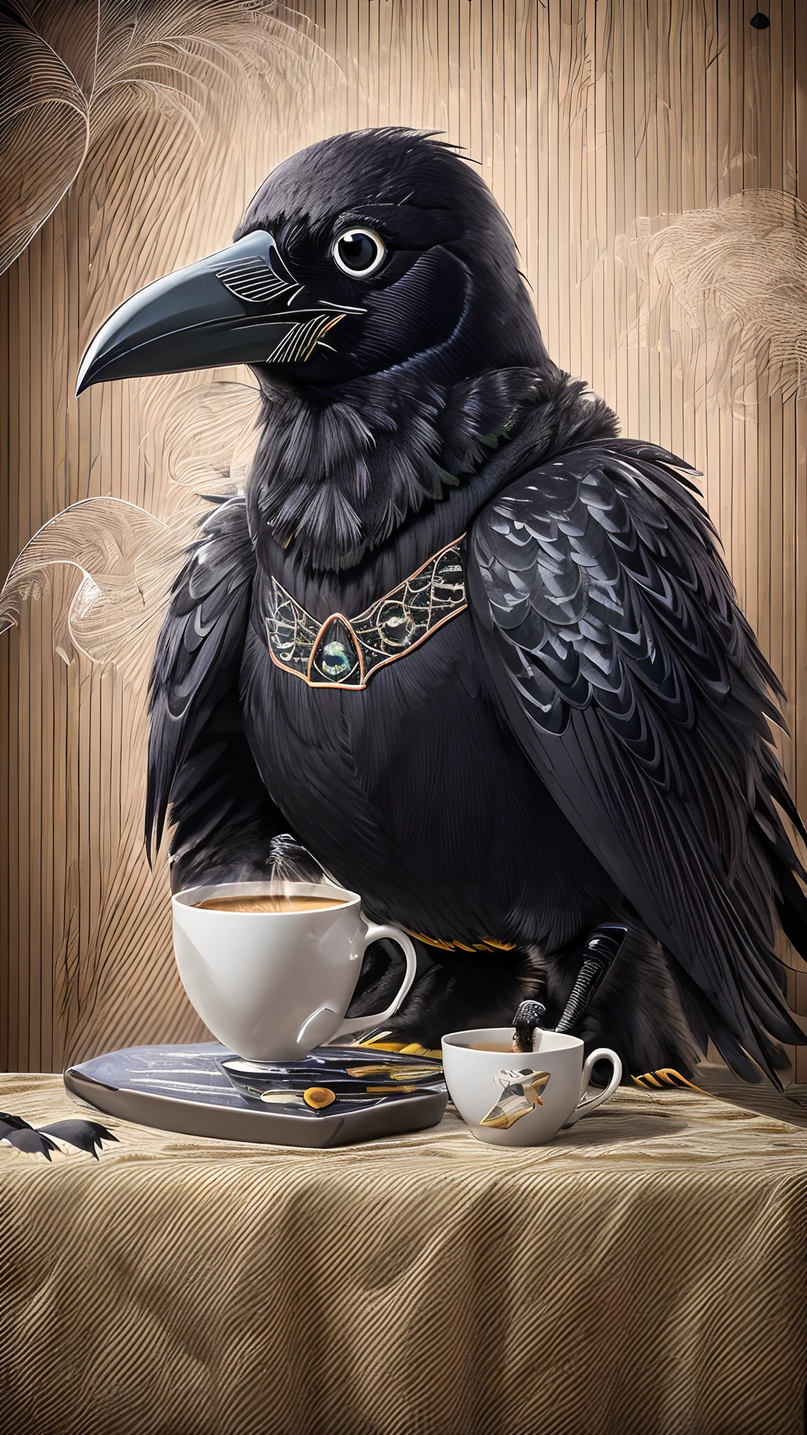 (melhor qualidade:1.23), (obra-prima:1.12), (realista:1.24), (Anthropomorphic crow:1.5) holding a cup of coffee, sentado, in a bathrobe, having breakfast and holding a cup of coffee, volumeric lighting, Sala de estar, muitos gadgets e equipamentos em chamas, smoke billowing, (chamas ao redor:1.2),