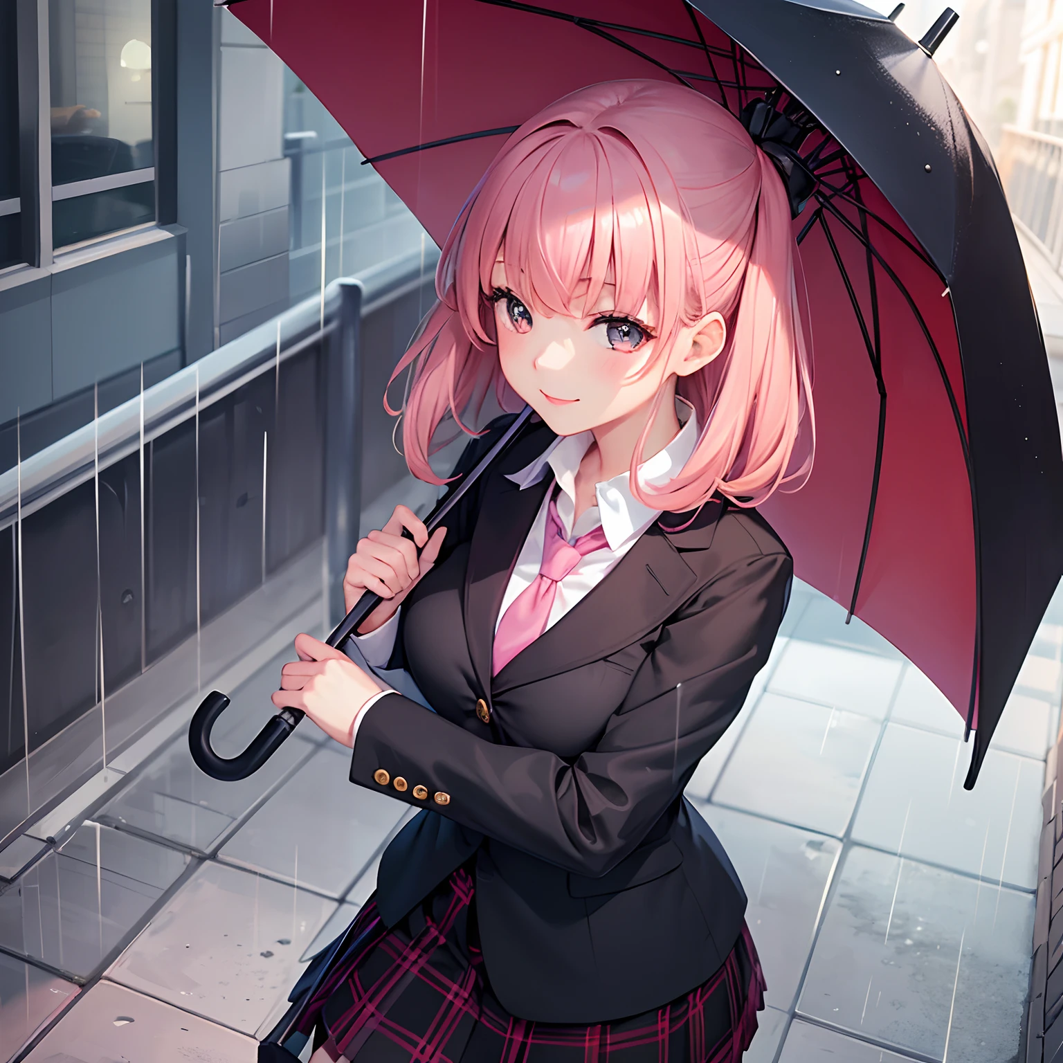 hi-school girl,校服、Black Blazer,Beautiful girl with umbrella,girl with,A smile,under the rain,top-quality,Colossal tits,超A high resolution,masterpiece,Pink hair,Beautiful Beautiful Girl,Perfect facial features