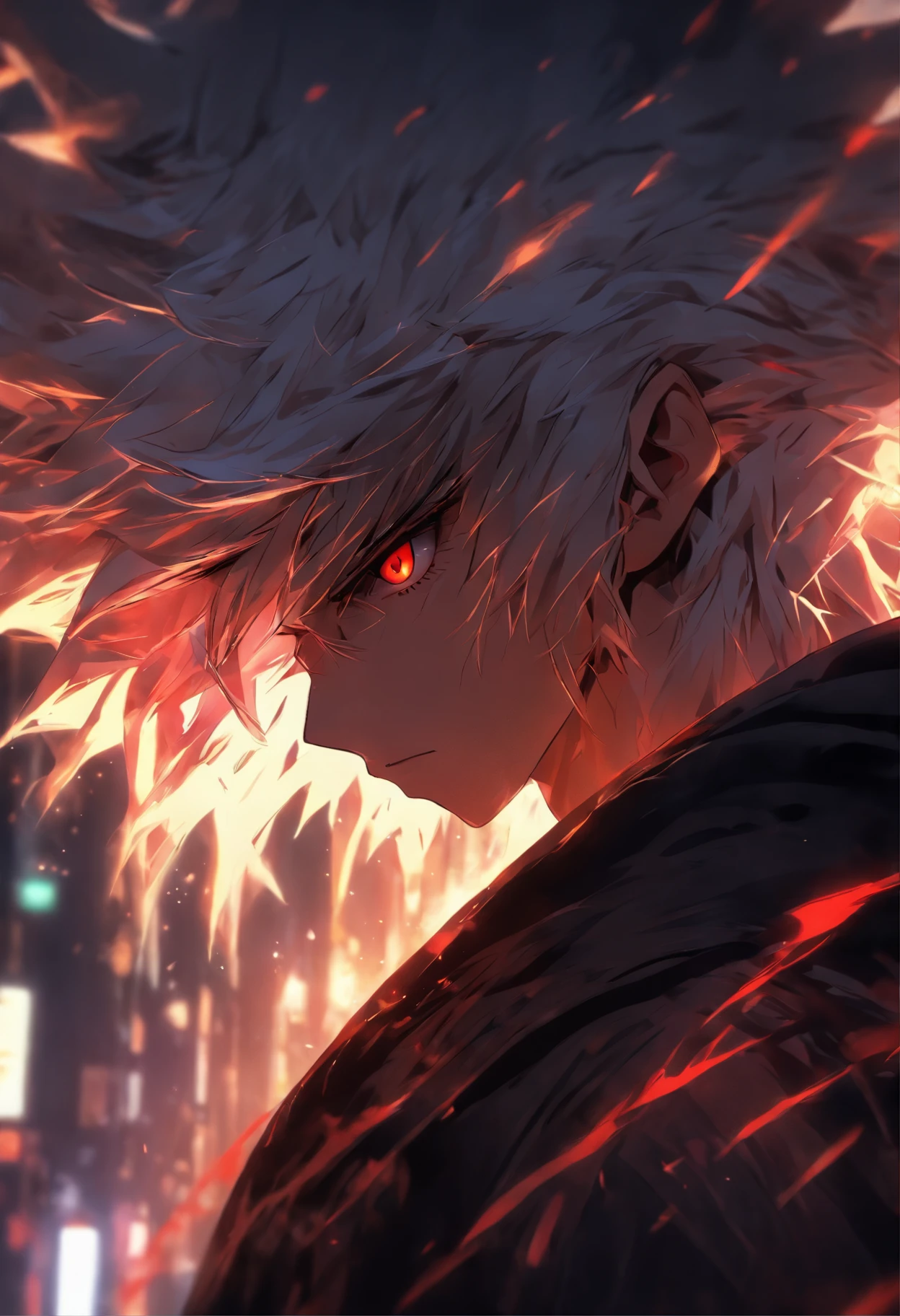 High quality, ultra detailed, man wearing black hoodie, facing behind the camera and head facing the camera, ultra realistic, red eyes, white hair, on the road, standing