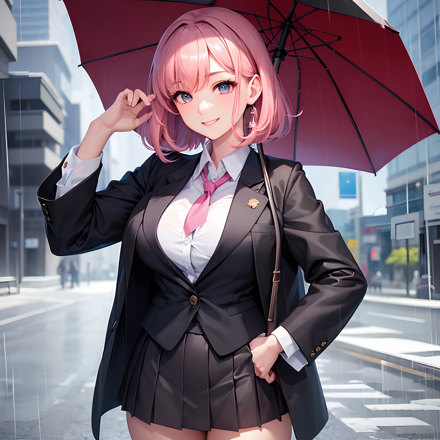 hi-school girl,校服、Black Blazer,Beautiful girl with umbrella,girl with,A smile,under the rain,top-quality,Colossal tits,超A high resolution,masterpiece,Pink hair,Beautiful Beautiful Girl,Perfect facial features