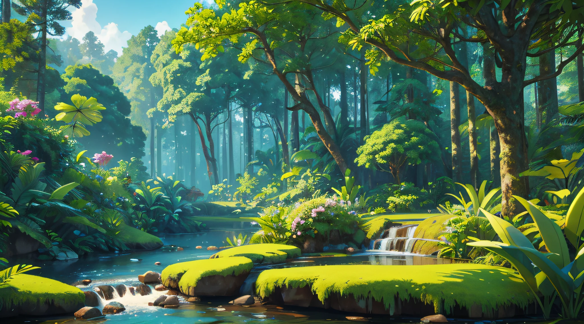 breathtaking landscape tropical forest scenery, with tall trees, birds, butterflies, flowers and a calm stream under the blue sky. 3d render, cinema 4d, 8k,