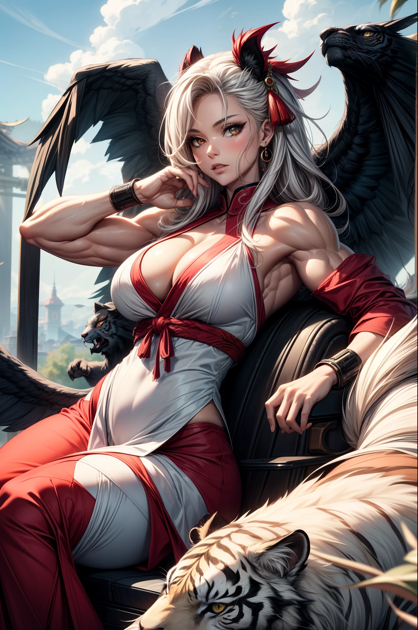 masterpiece, best quality:1.2), ((muscular:1.5)) ((female:1.5)),busty,curvy, ((girl)),(Splash Art), (masutepiece ,Best Quality:1.2), 1girl in, Sitting on the clouds, Detailed face, strong facial expression, White hair, colourfull, Red and white Chinese style kimono、Longer dress, Precision Line, Large-scale muralists, manticore, Tiger and White Tiger, Red Phoenix