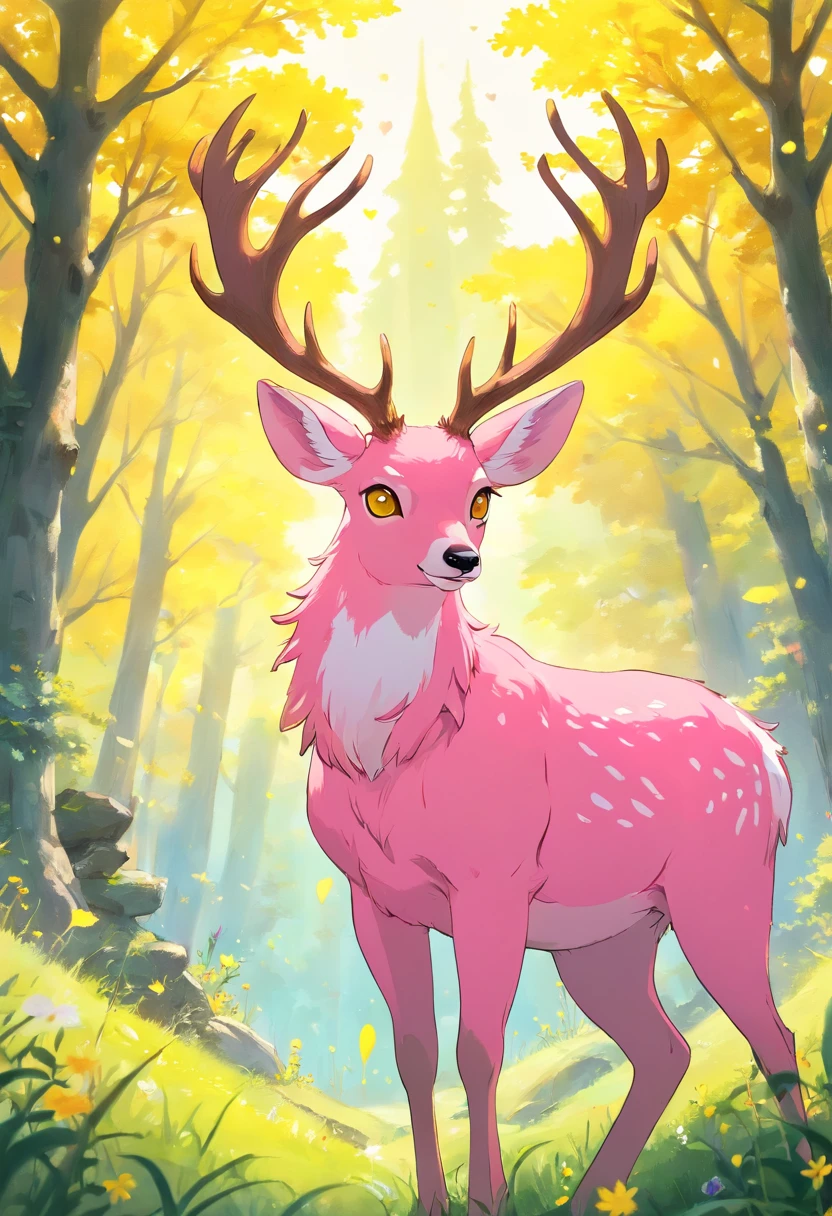 a detailed anime drawing of a large adult ((pink)) deer with ((bright yellow eyes)) that gives off a aura of grace with large heart-shaped antlers dashing through a meadow by itself