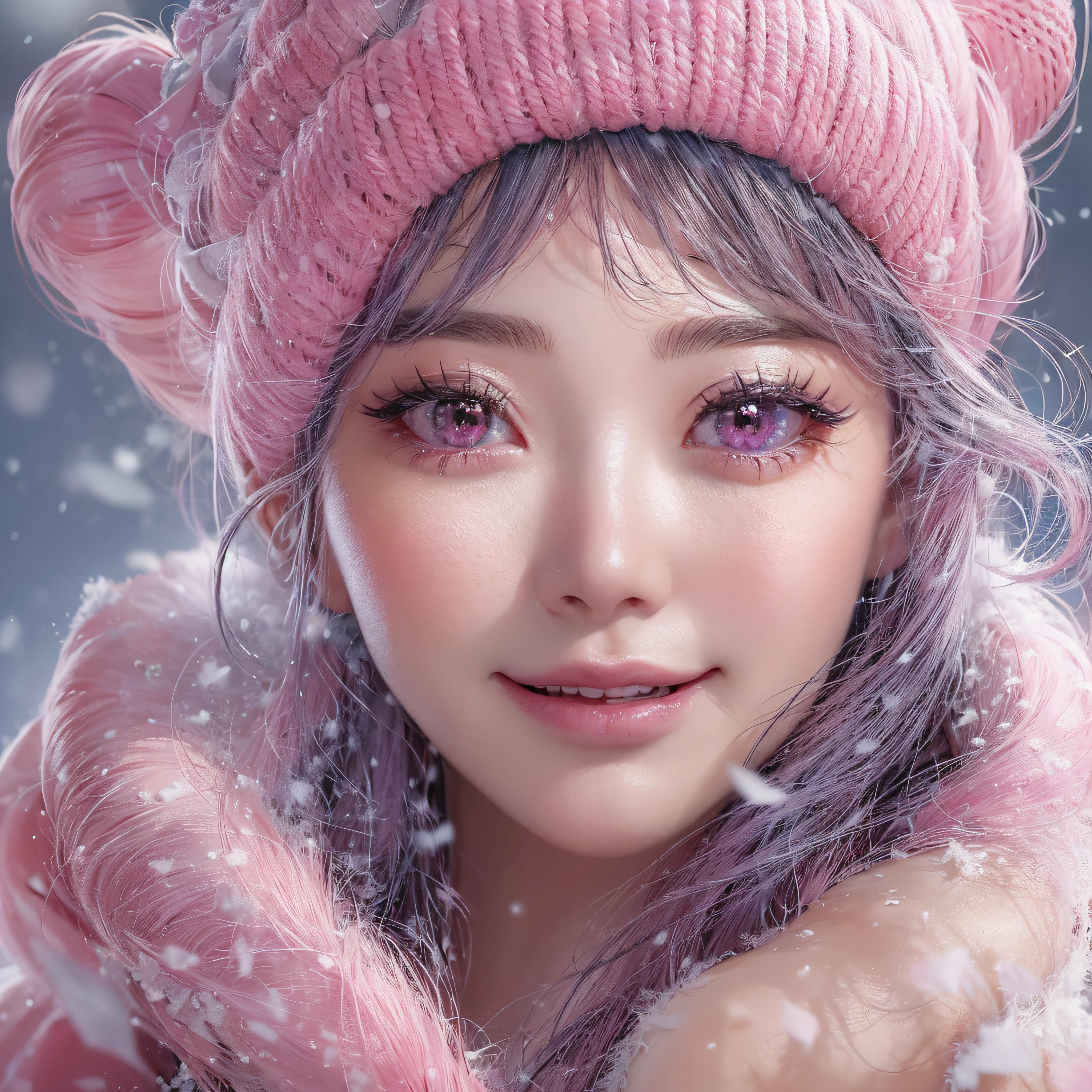 A lot of pink tattoos、Close-up of laughing face、Facing the front、Designer、super model、Pink tattoo makeup、Glossy lips、Shining eyes、(realisitic、hight resolution)、(1 girl in)、Do-Up Eye、Korean Girl、(Best Quality), (masutepiece), (1girl in), Solo, a beauty girl, Perfect face, Highly detailed airbrush art((Surreal))、Volumetric lighting、(top-quality)、The ultra-detailliert、Highly detailed colorful details、(Bright lighting)、Pink tattoo、Pink tattoo、Her eyes are glowing pink、Her face is full of anticipation and courage for adventure.、A smile comes to her lips、An air full of smiles and adventurous spirit、Powder snow is falling on the snowy mountains behind。Its light brings the light of powder snow、Swaying powder snow creates a beautiful scenery..。Her courage and determination are condensed.、Eye-catching presence。Her eyes are shining。Pink Powder Snow、Pink Powder Snow