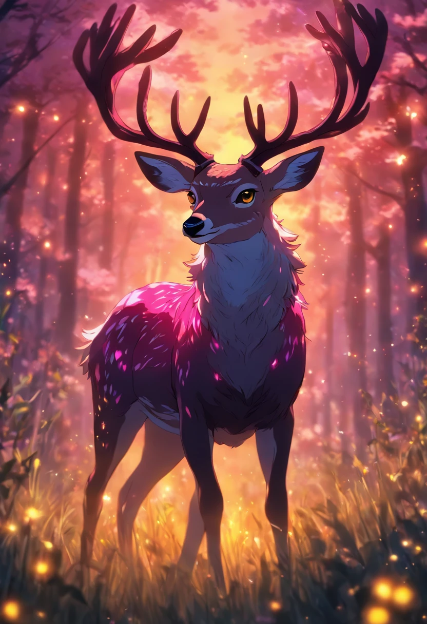 a detailed anime drawing of a large adult ((pink)) deer with ((bright yellow eyes)) that gives off a aura of grace with large heart-shaped antlers dashing through a meadow by itself
