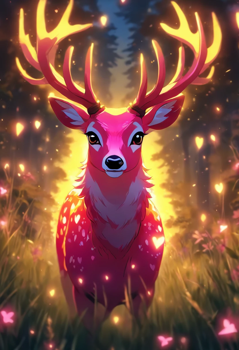 a detailed anime drawing of a large adult ((pink)) deer with ((bright yellow eyes)) that gives off a aura of grace with large heart-shaped antlers dashing through a meadow by itself