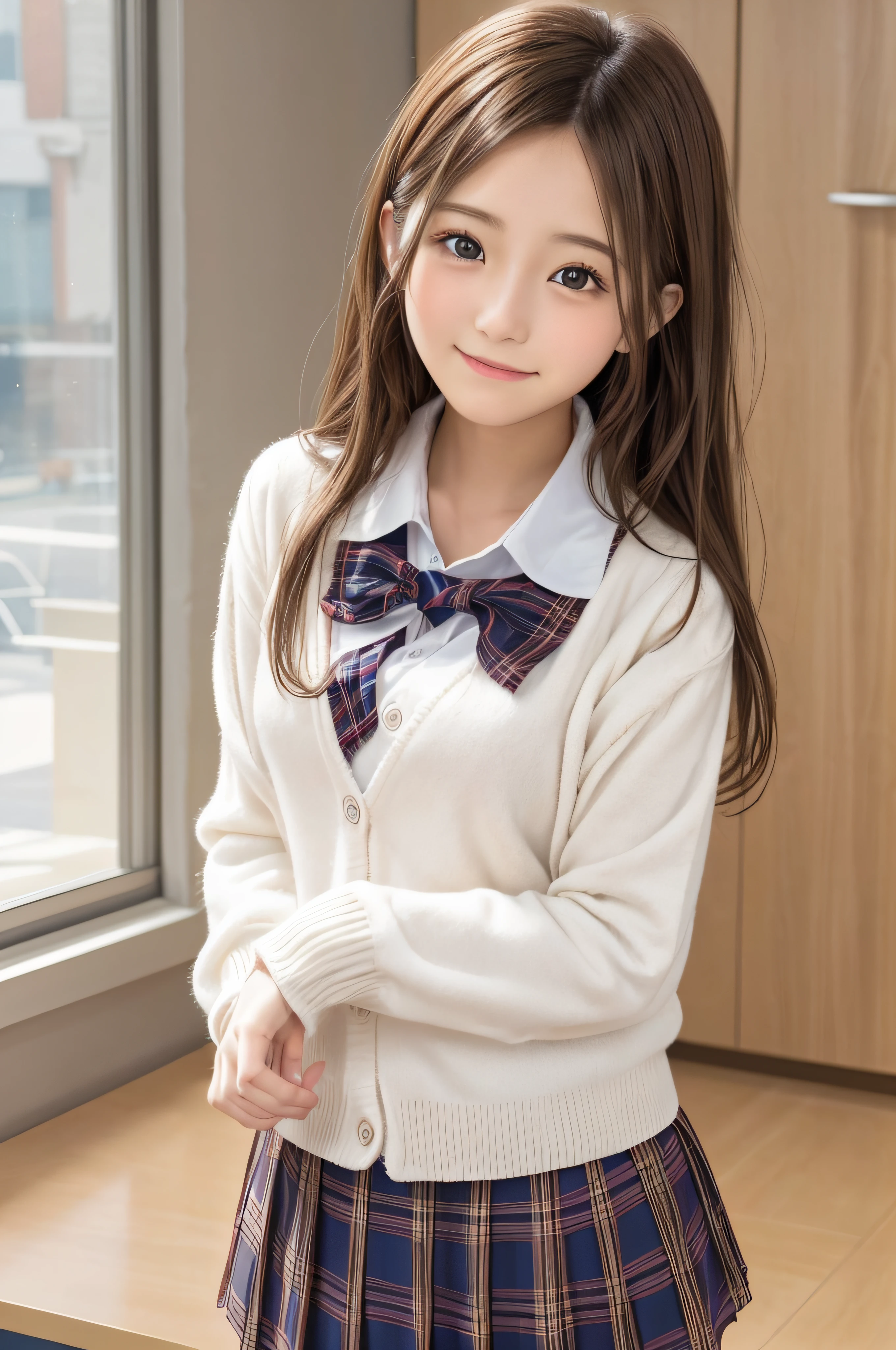 Completely white background、、soio、brown haired、beautidful eyes、real looking skin、A detailed eye、hi-school girl、(8K、masterpiece)、(reallistic、Photorealsitic)、top-quality、ighly detailed、The ultra-detailliert、Beautie、cute little、japanes、a smile、Close-up portrait、Healthy face、schools、School uniform、Cardigan、plaid skirts
