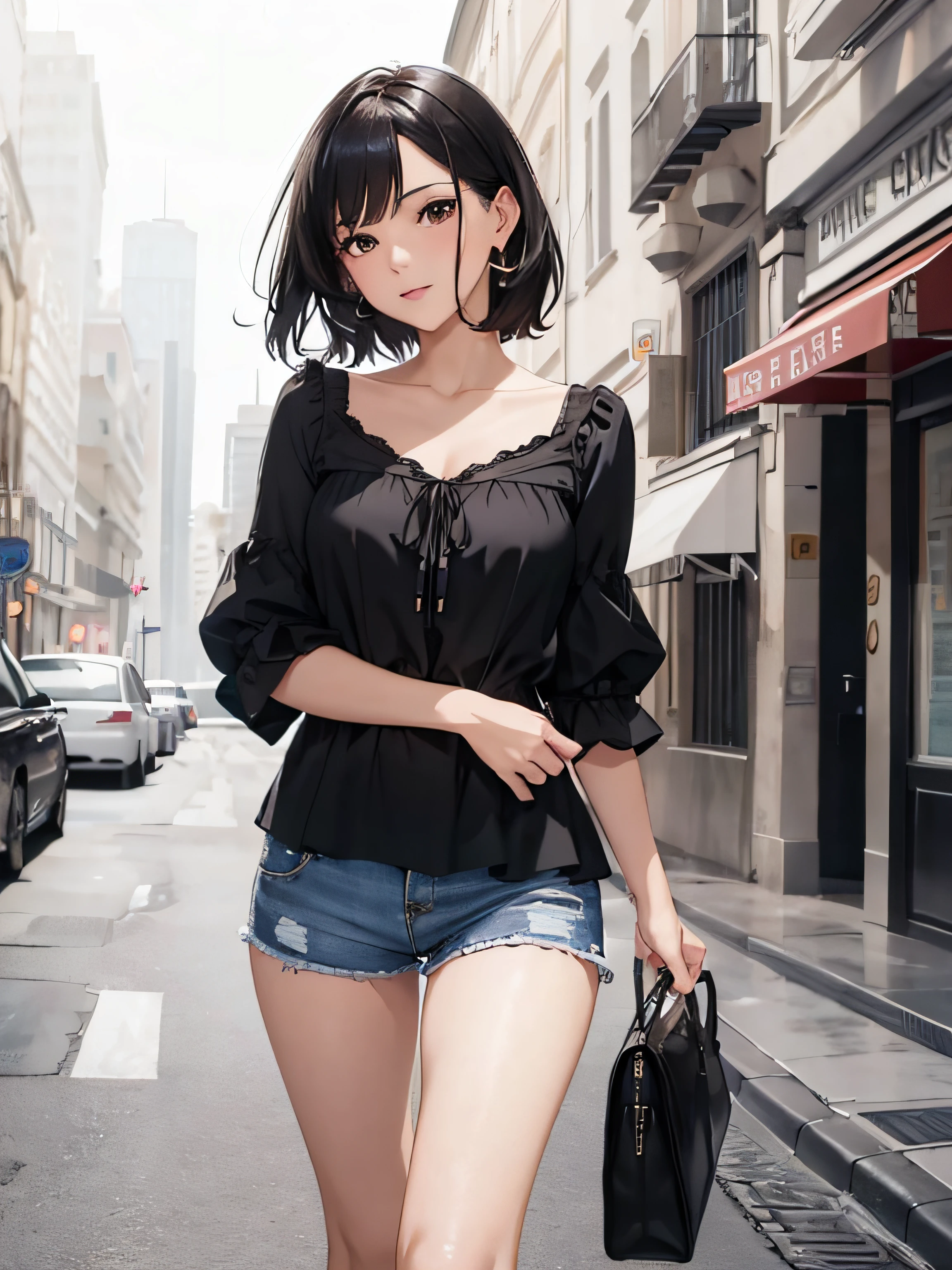 a girl with low-cut blouse, medium breasts, shorts, flirtatious look, very well detailed, cityscape or academy, black hair,