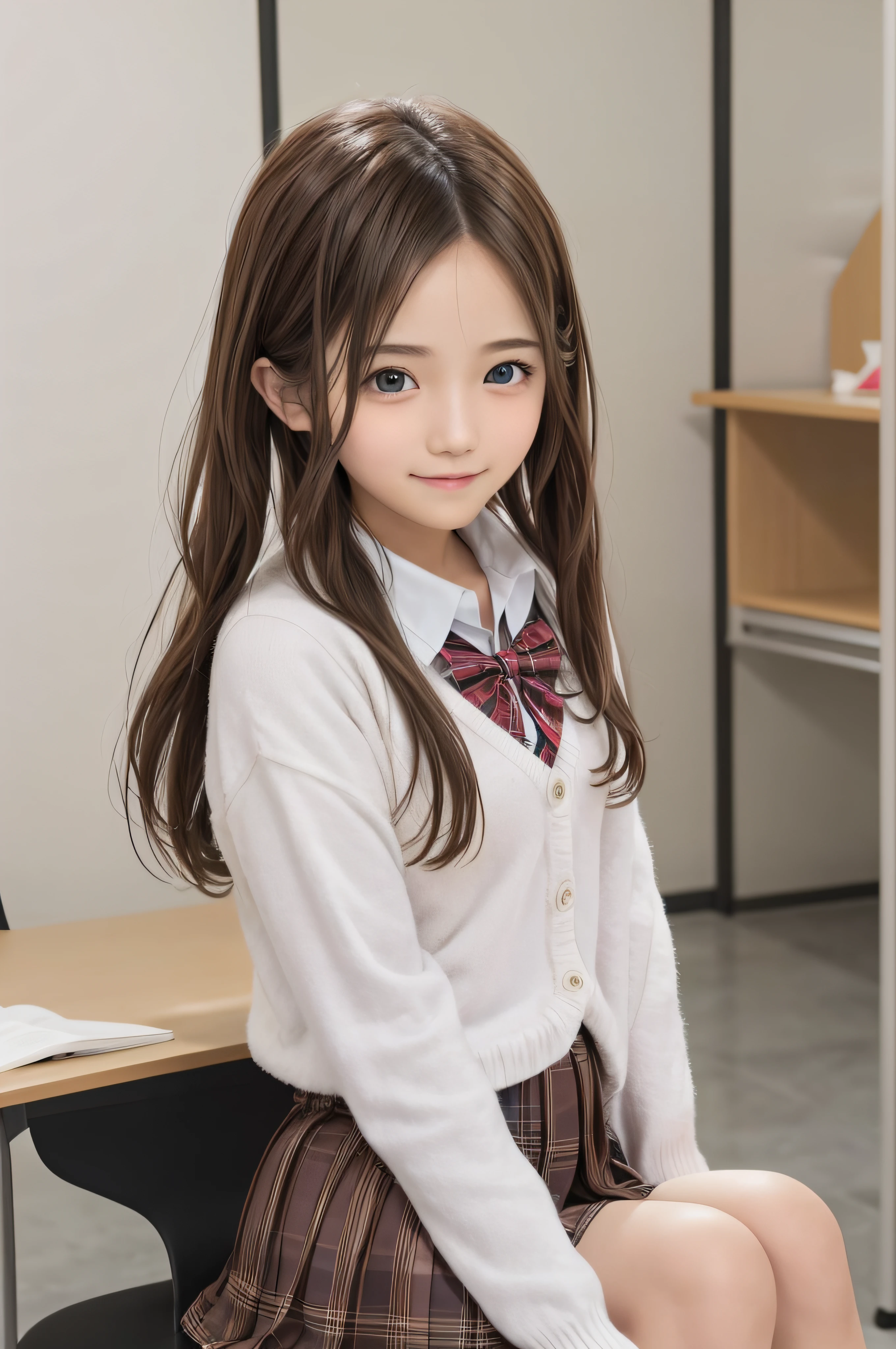 Completely white background、、soio、brown haired、beautidful eyes、real looking skin、A detailed eye、hi-school girl、(8K、masterpiece)、(reallistic、Photorealsitic)、top-quality、ighly detailed、The ultra-detailliert、Beautie、cute little、japanes、a smile、Close-up portrait、Healthy face、schools、School uniform、Cardigan、plaid skirts