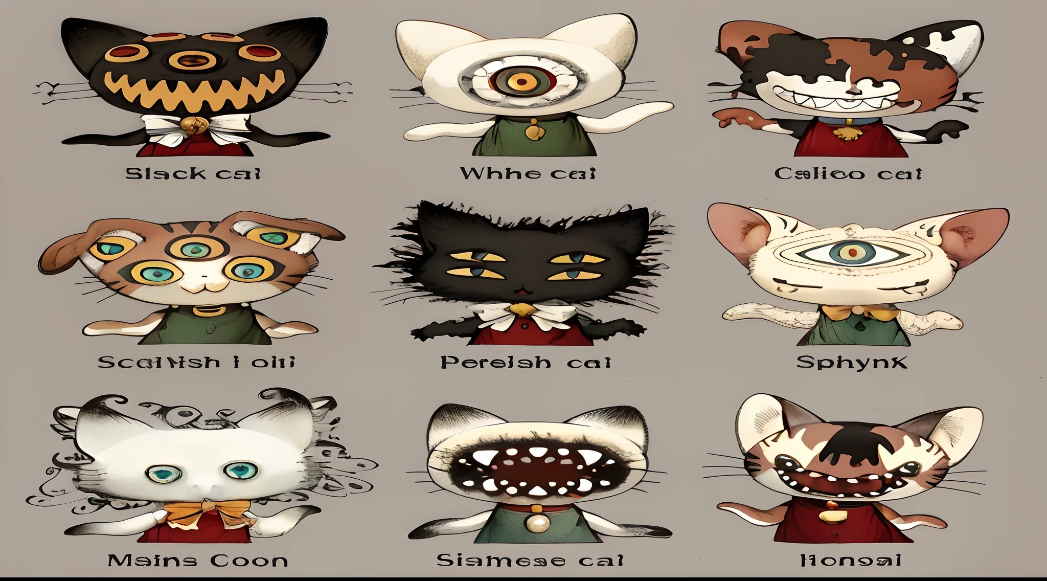 there are many different types of cats with different eyes, c anthropomorphic cat, inspired by Louis Wain, style of greg simkins, cats, !!! cat!!!, creepy cute creatures everywhere, the dark god of cats, cat design, scary creatures, anthro cat, scary cartoons, scary art in color, demon cat, human cat hybrid