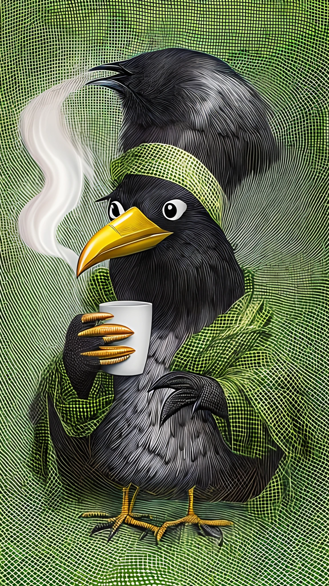(melhor qualidade:1.23), (obra-prima:1.12), (realista:1.24), (Anthropomorphic crow:1.5) holding a cup of coffee, sentado, in a bathrobe, having breakfast and holding a cup of coffee, volumeric lighting, Sala de estar, muitos gadgets e equipamentos em chamas, smoke billowing, (chamas ao redor:1.2),