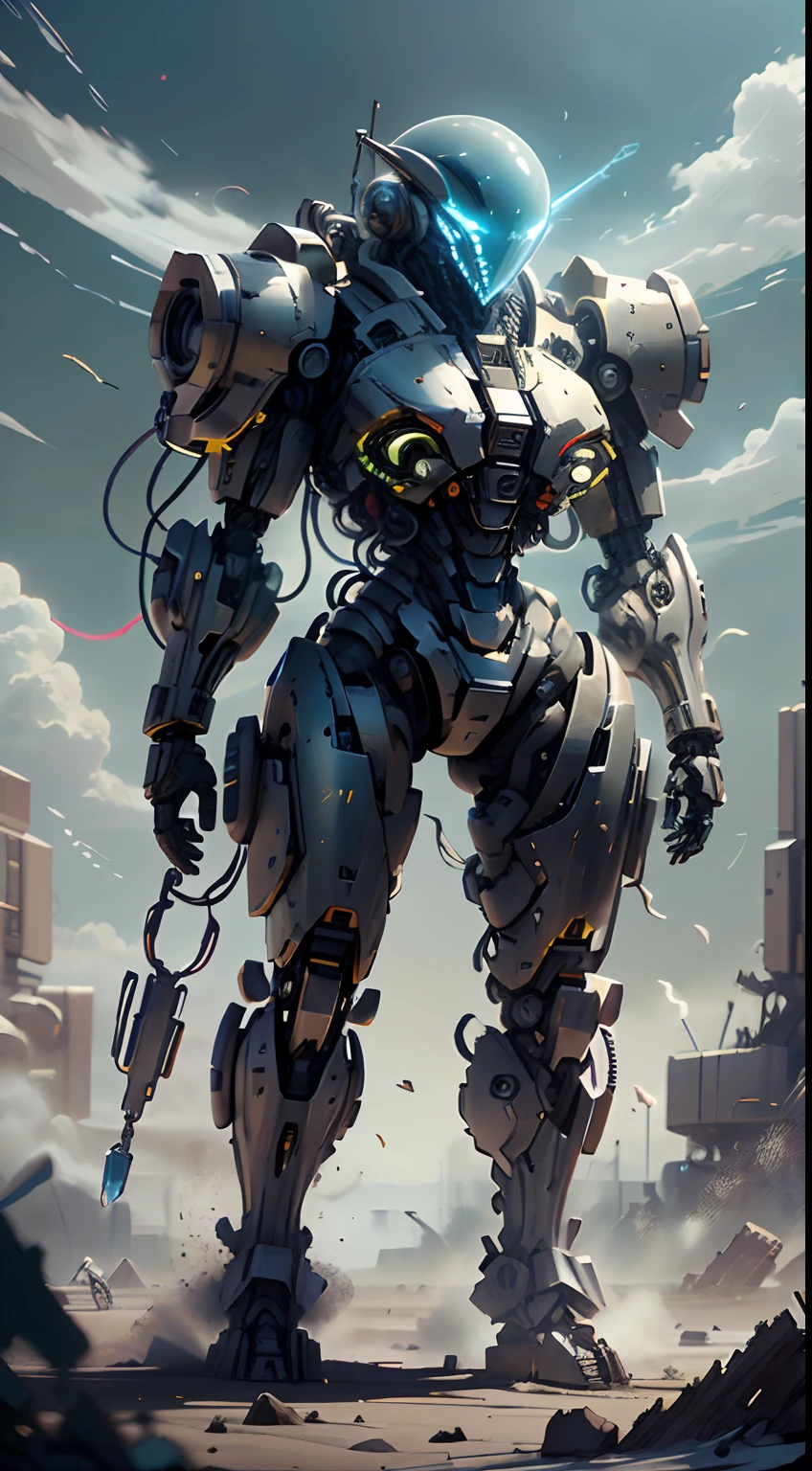 (8k, La mejor calidad, Obra maestra:1.2 Hermosa mujer, voluptuoso cuerpo entero, Usando armadura estilo Master Chef, condenar, precioso y hundido, sculptural body, usando mecha de metal desgastado, campo de batalla, alien planet, Enormes rocas, Alien structures destroyed by battle,