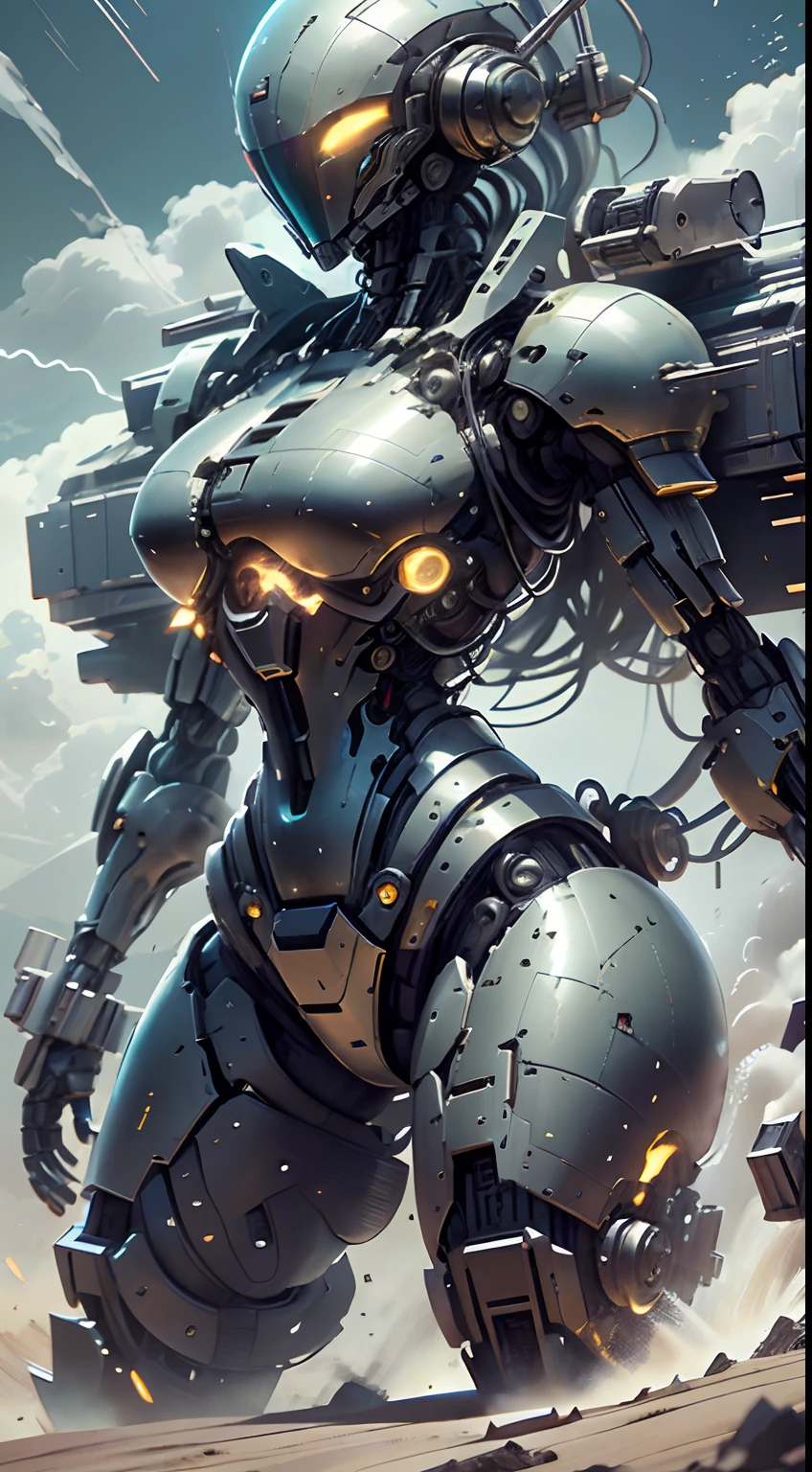 (8k, La mejor calidad, Obra maestra:1.2 Hermosa mujer, voluptuoso cuerpo entero, Usando armadura estilo Master Chef, condenar, precioso y hundido, sculptural body, usando mecha de metal desgastado, campo de batalla, alien planet, Enormes rocas, Alien structures destroyed by battle,