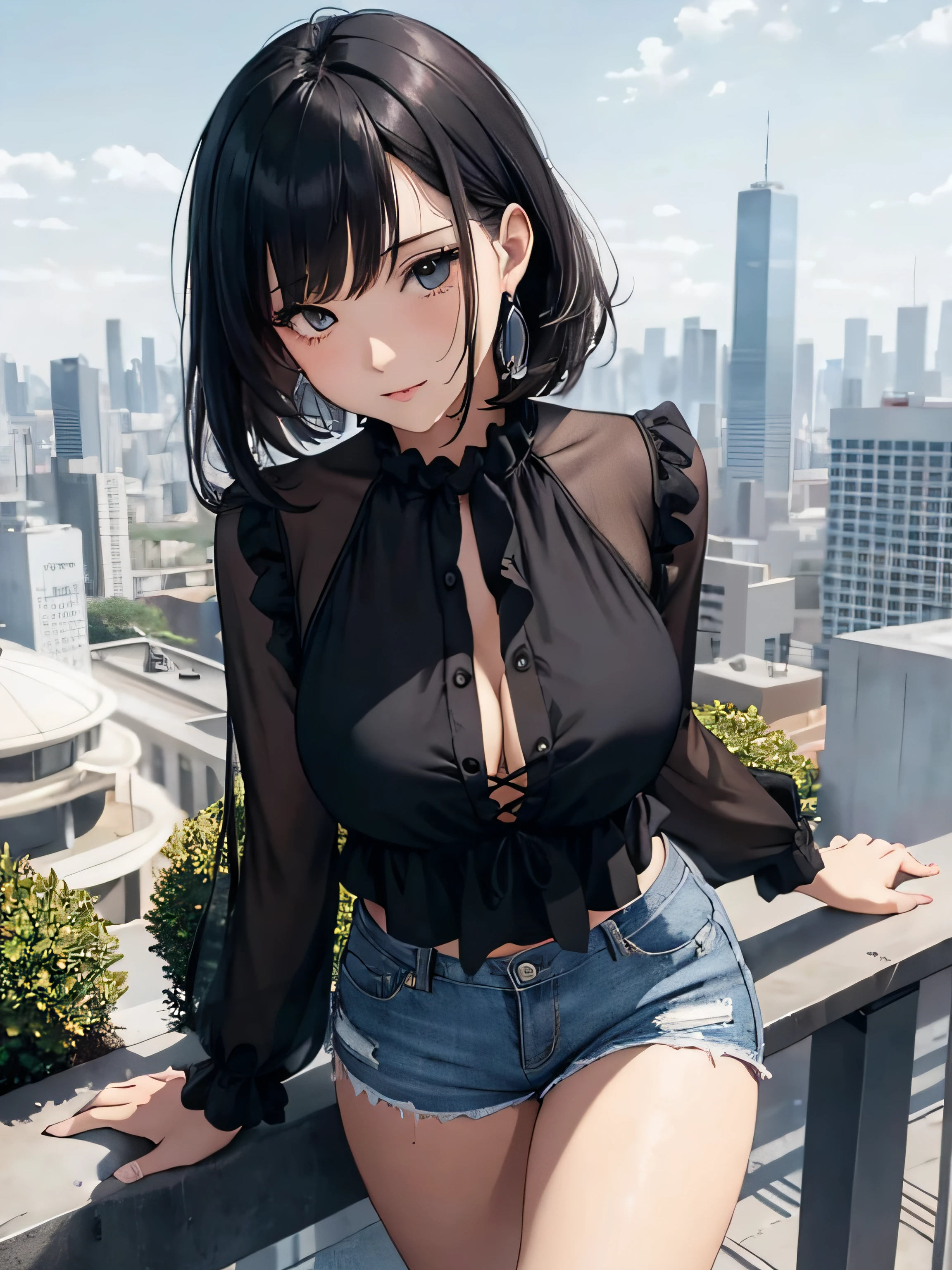 a girl with low-cut blouse, medium breasts, shorts, flirtatious look, very well detailed, cityscape or academy, black hair,