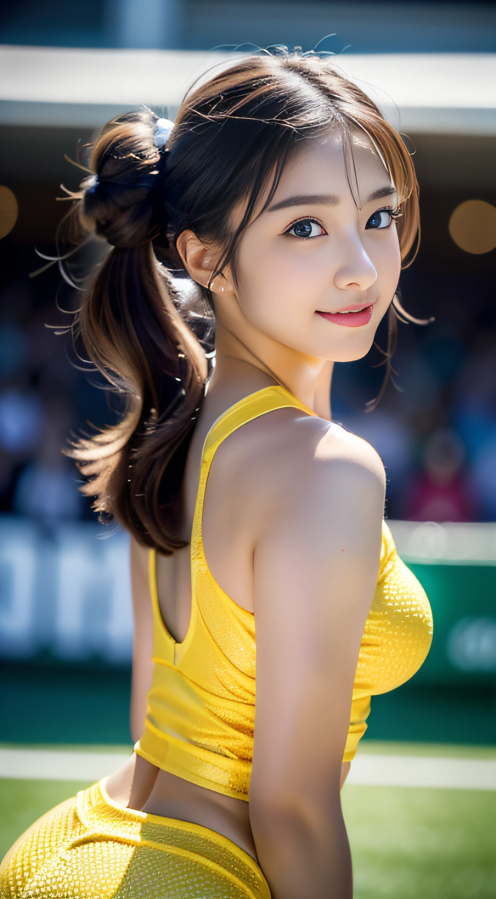 (((32K,very high res, high detailing, highly accurate,Masterpiece Girl 1))),Raw photo & realistic atmosphere,beautiful dark blue eyes,Detailed mouth,Glossy lips,Detailed eyebrows,Soft white skin that shines with every detail,,Eyes drawn in detail、Very beautiful eyes with azure eyes,Detailed lips、Very beautiful face,Very well-formed face、Lifelike face,shiny beautiful lips,Beautiful eyebrows,Infinite reality,Best design,（Insanely cute Japan  girl,Healthy style,Beautiful breasts with big breasts,Very cute beautiful girl,Little GirlBest Natural Makeup,Japanese ido,Korean Idols,Japan Cheer Girl,Korean Cheergirls,Moist eyes,Dark beautiful eyes,Beautiful butt,beauty legs,,camel's foot,,Skinny Fingers,Detailed beautiful legs：1.3),超A high resolution、,Natural and realistic face,Back lighting,Pure eyes are too cute,(((photorealisim))),Reality Live Action,（Simple piercing,Glossy nail art：1.1）,（Dark green hair with chignon hair,Bun hair,独奏,natural make up：1.3）,（Beautiful healthy girl,Packed match venues：1.3）,（Raising limbs in a cheering pose,Full Body Costume Display,Photograph the whole body,I'm cheering for you cheerfully,Pink colorful sexy cheergirl, In yellow and white colors、High-detail design,Latex costumes,Healthy Cheer Girl,High definition high resolution 17 year old healtl、extremely beautiul and cute：1.5）