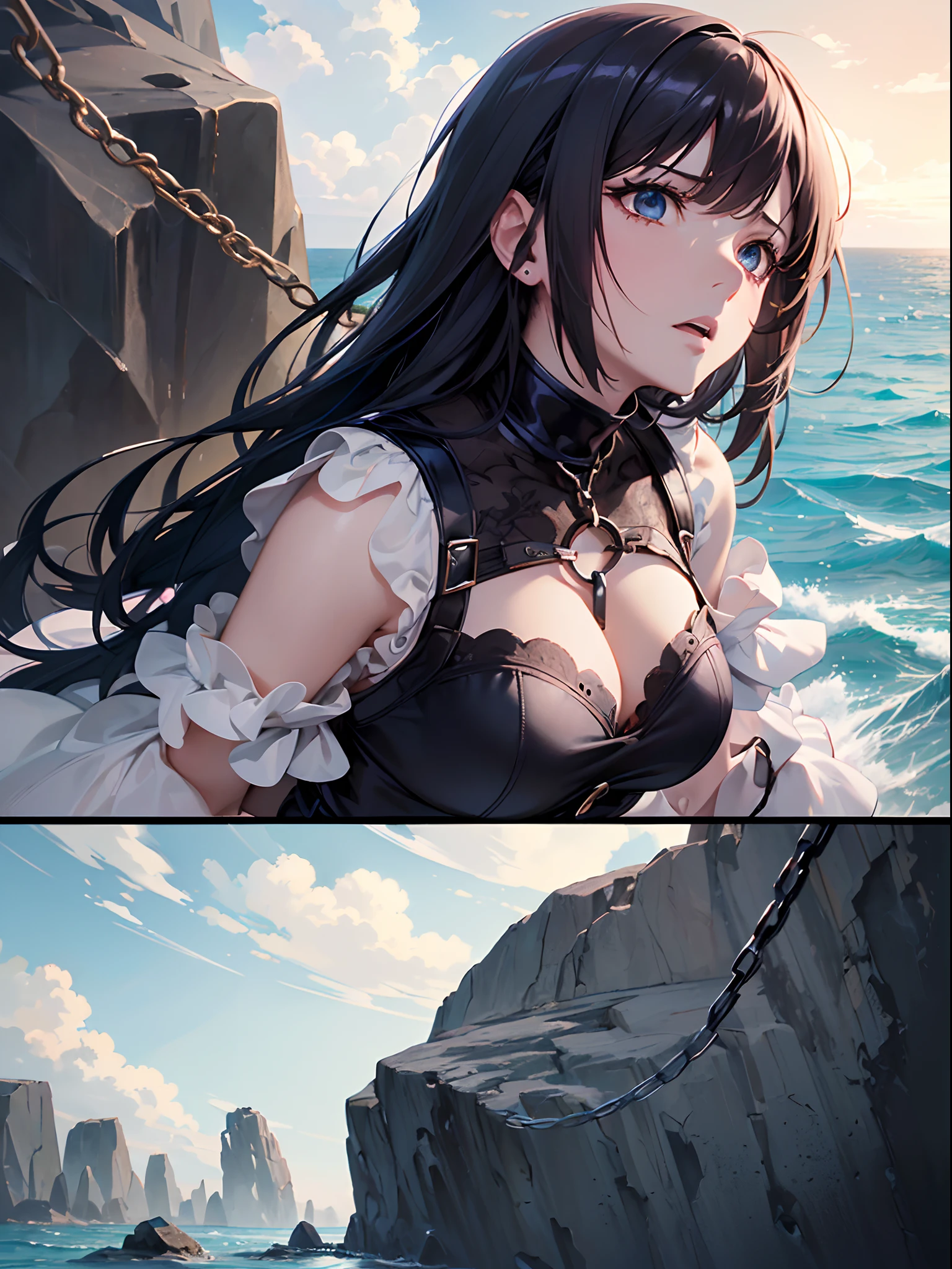 ((Finest quality)),(超A high resolution),(ultra-detailliert),(Meticulous portrayal),((Best Anime)),(Finest works of art),sharpnes,Clair, (One woman chained to a rock:1.4),anguished expression:1.3, Rough seas:1.3
