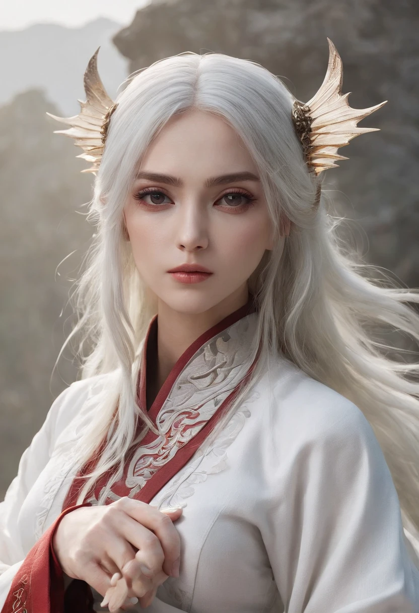 Cirilla Fiona Elen Riannon,动态照明,art stations,poster for,Volumetriclighting,Very detailed faces,4k wallpapers,He has a delicate and beautiful face,long hair flowing,horse tailed,Fringed Hair Ornament,Dynamic perspective,White Hanfu,White gauze flying,red waistband,Sexy,Tradition Chinese Ink Painting,Surrounded by clouds,fog atmosphere,Ride a white dragon,White dragon horn,dynamic viewing angle,电影灯光