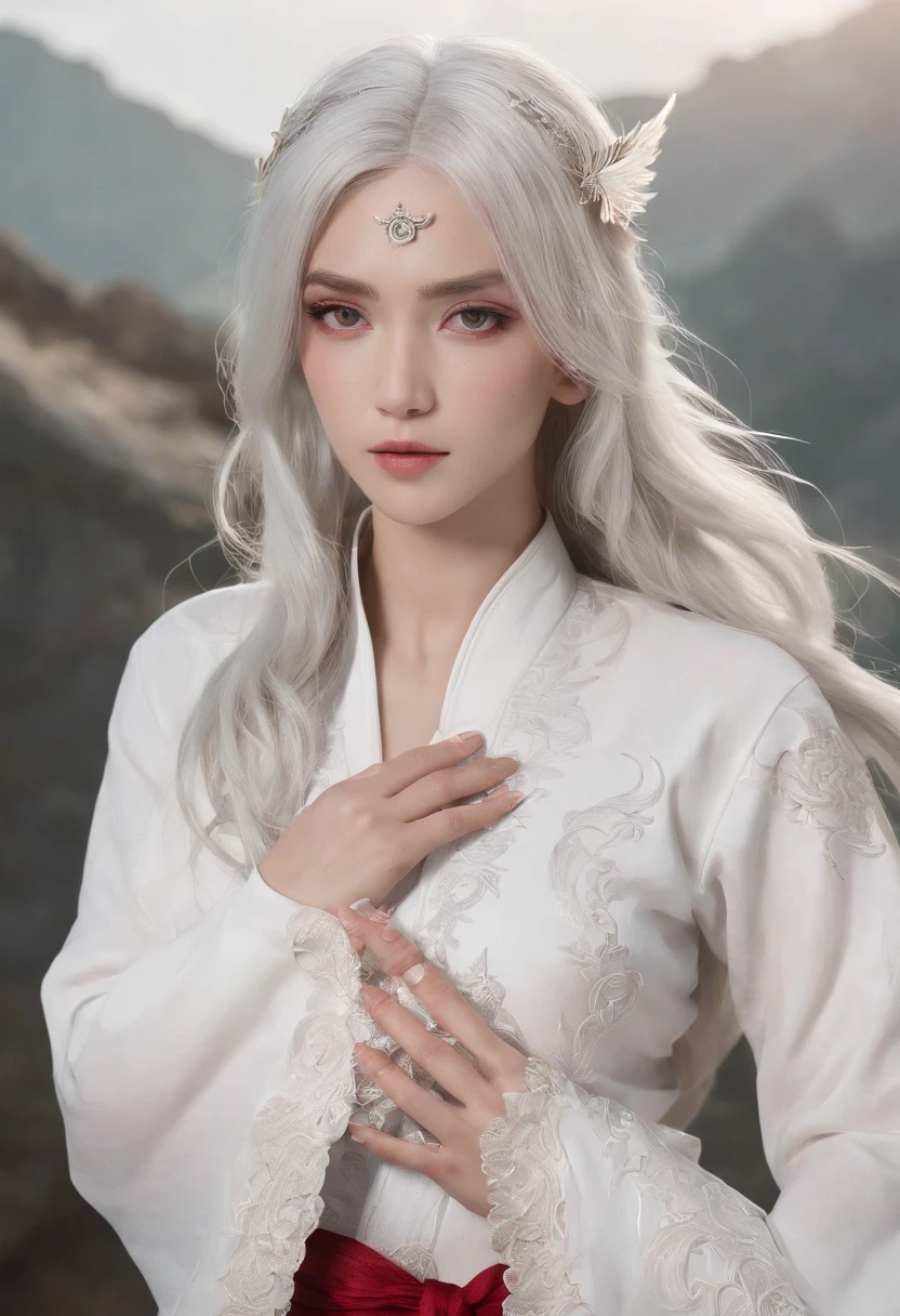 Cirilla Fiona Elen Riannon，动态照明，art  stations，poster for，Volumetriclighting，Very detailed faces，4k wallpapers，He has a delicate and beautiful face，long hair flowing，horse tailed，Fringed Hair Ornament，Dynamic perspective，White Hanfu，White gauze flying，red waistband，Sexy，Tradition Chinese Ink Painting，Surrounded by clouds，fog atmosphere，Ride a white dragon，White dragon horn，dynamic viewing angle，电影灯光