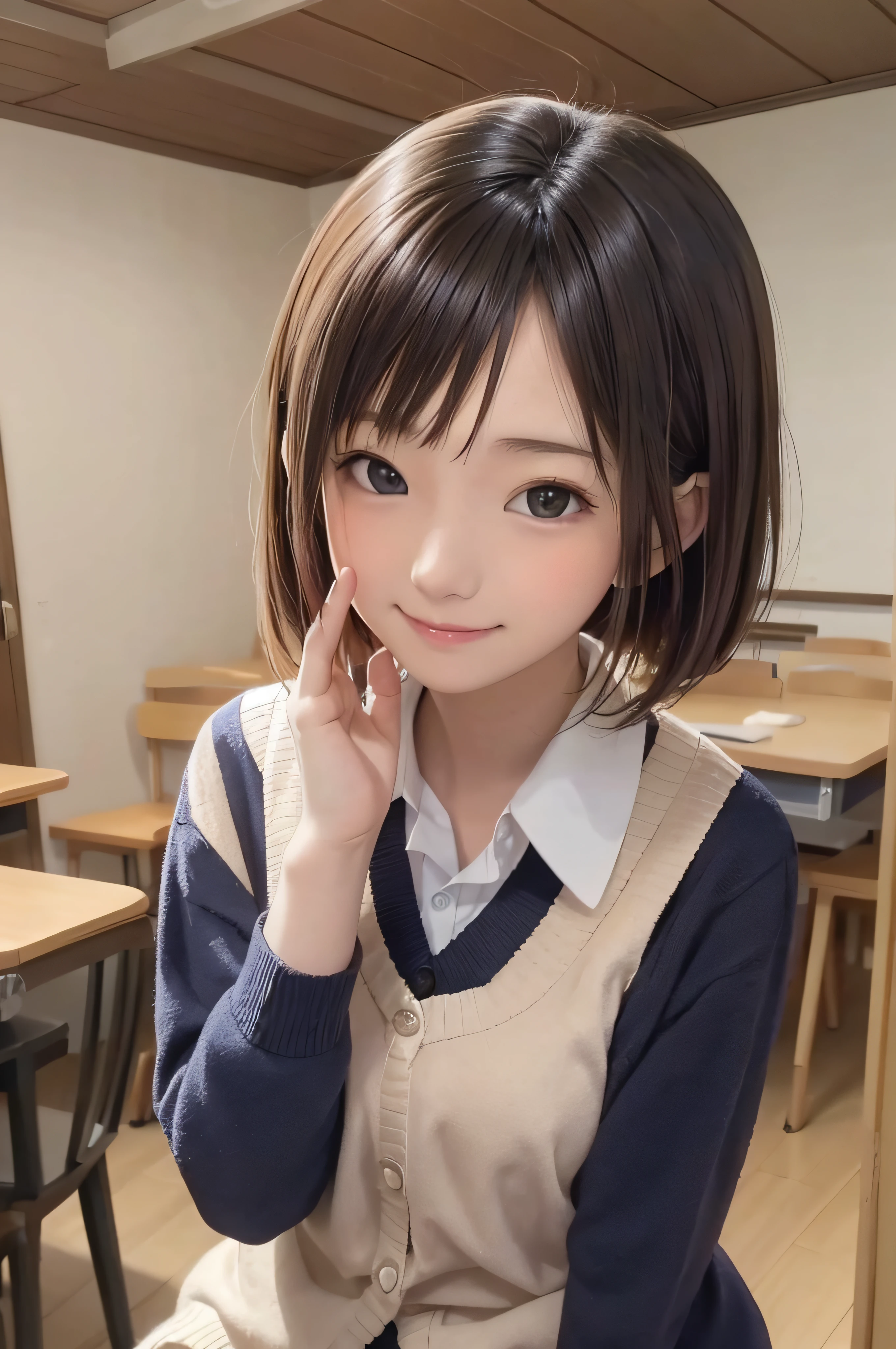 Completely immaculate background、White back、 student、soio、brown haired、beautidful eyes、real looking skin、A detailed eye、hi-school girl、(8K、masterpiece)、(reallistic、Photorealsitic)、top-quality、ighly detailed、The ultra-detailliert、Beautie、cute little、japanes、a smile、Close-up portrait、Healthy face、schools、School uniform、Cardigan、plaid skirts