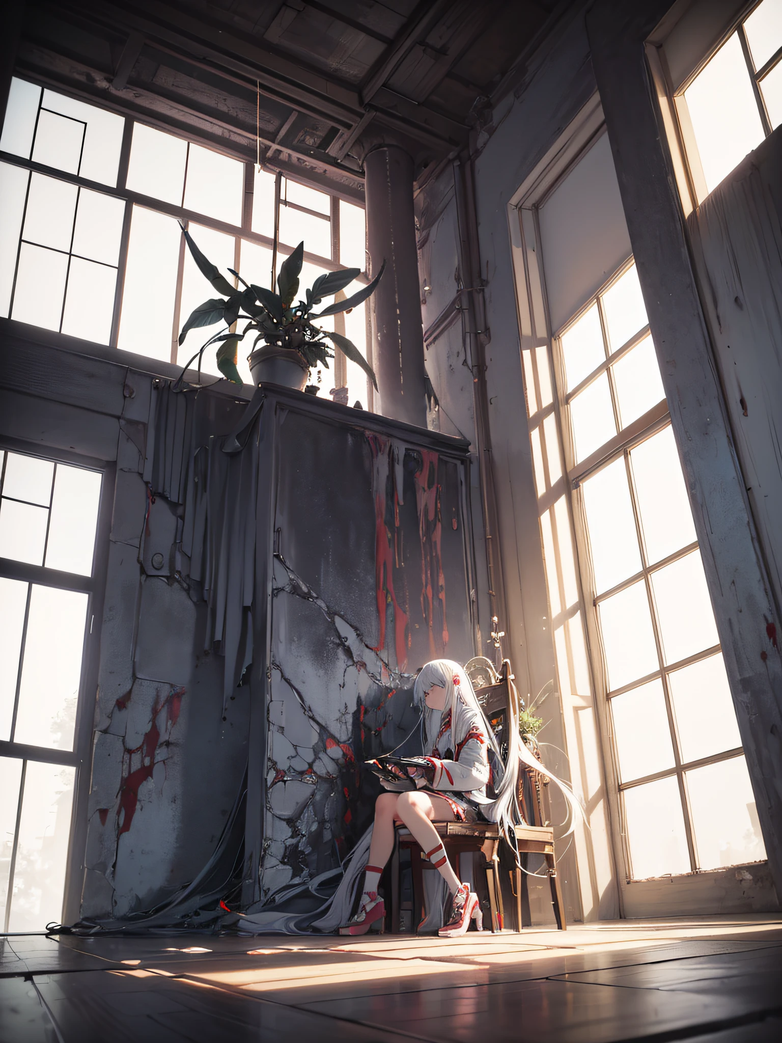 Shiro deadman Wonderland, apprehensive, sitting holding her legs, walls behind with blood, low light, full body, photography, (ultra-realistic), {extremely detailed 8k CG unity wallpaper}, expansive landscape photography, (a vision from below that prioritizes the character and the setting, wide view of the open field), (low angle photo), (high light: 1.7), (low light: 1.0), (warm light source: 1.5), complex details, (iridescent colors: 1.5), (bright lighting), (atmospheric lighting), dreamy, magical, Anime Deadman Wondeland