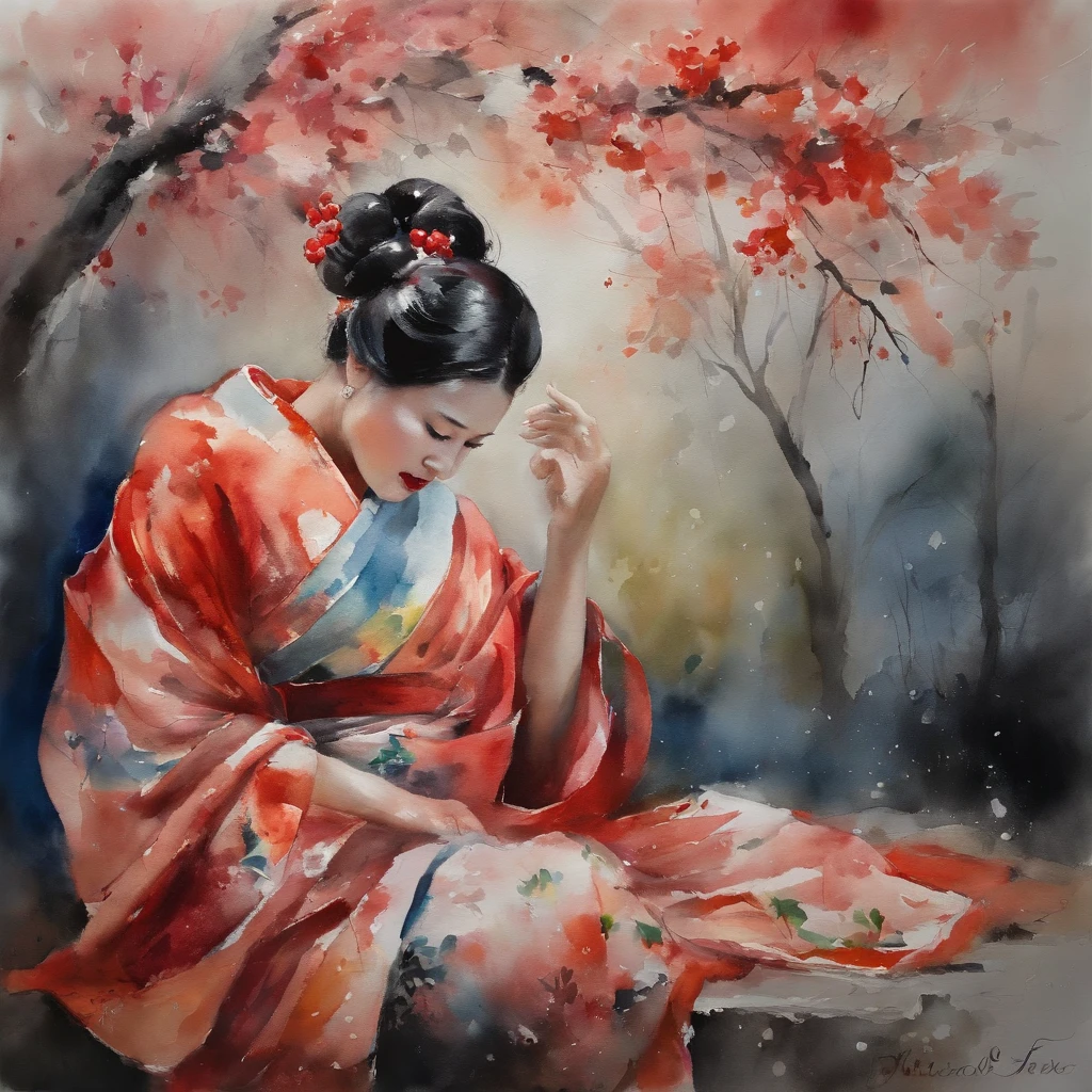 Maiko in bright kimono resting under a cherry tree、gentle face、a smile、 cinematic, low angle photo, Motion Blur, depth of fields, Dust, Cobblestones and soil. Splash Art, Drip paint. Perfect color grading. Influence of Karel Appel and Jeremy Mann, Lots of dramatic and threatening scenes, ultra-detailliert, Beautiful, insanely detaileda, Intricate details, Editorial Photography, a picture、hightquality