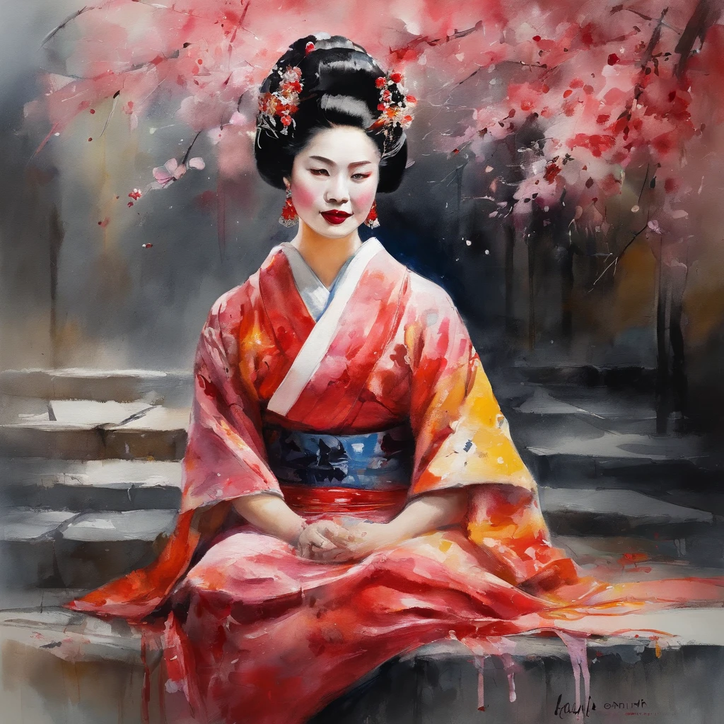 Maiko in bright kimono resting under a cherry tree、gentle face、a smile、 cinematic, low angle photo, Motion Blur, depth of fields, Dust, Cobblestones and soil. Splash Art, Drip paint. Perfect color grading. Influence of Karel Appel and Jeremy Mann, Lots of dramatic and threatening scenes, ultra-detailliert, Beautiful, insanely detaileda, Intricate details, Editorial Photography, a picture、hightquality