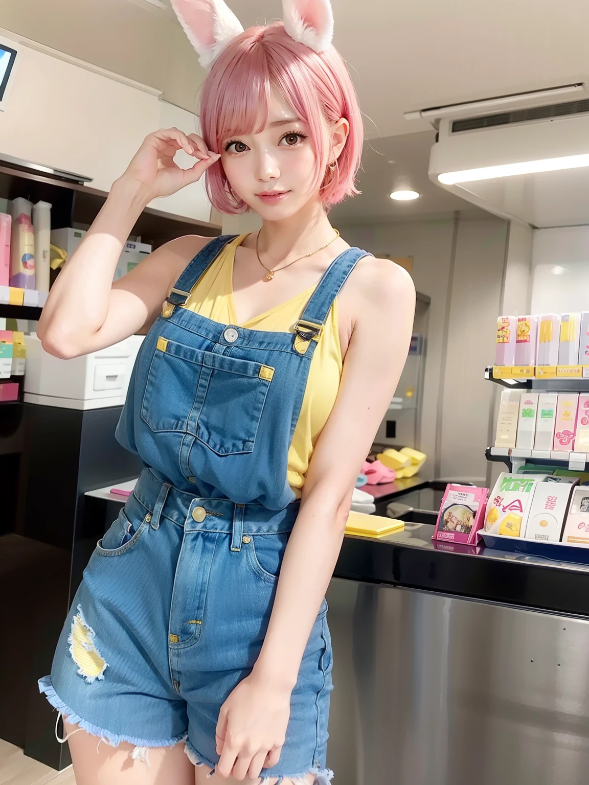 Pink short cut hair、Yellow Bikini、Yellow bra、Yellow panties、