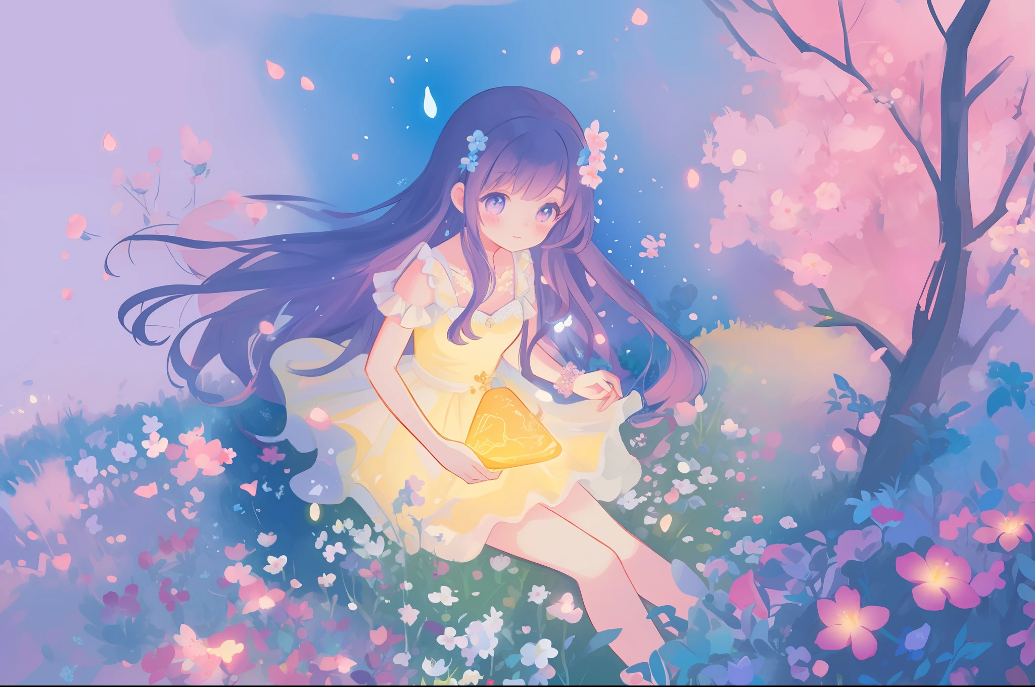 beautiful girl in flowing ballgown, flower fairy in a dress made of flower petals, flowers and colorful plants, inspired by Glen Keane, inspired by Lois van Baarle, disney art style, by Lois van Baarle, glowing aura around her, by Glen Keane, jen bartel, glowing lights! digital painting, flowing glowing hair, glowing flowing hair, beautiful digital illustration, fantasia otherworldly landscape plants flowers, beautiful, masterpiece, best quality, anime disney style