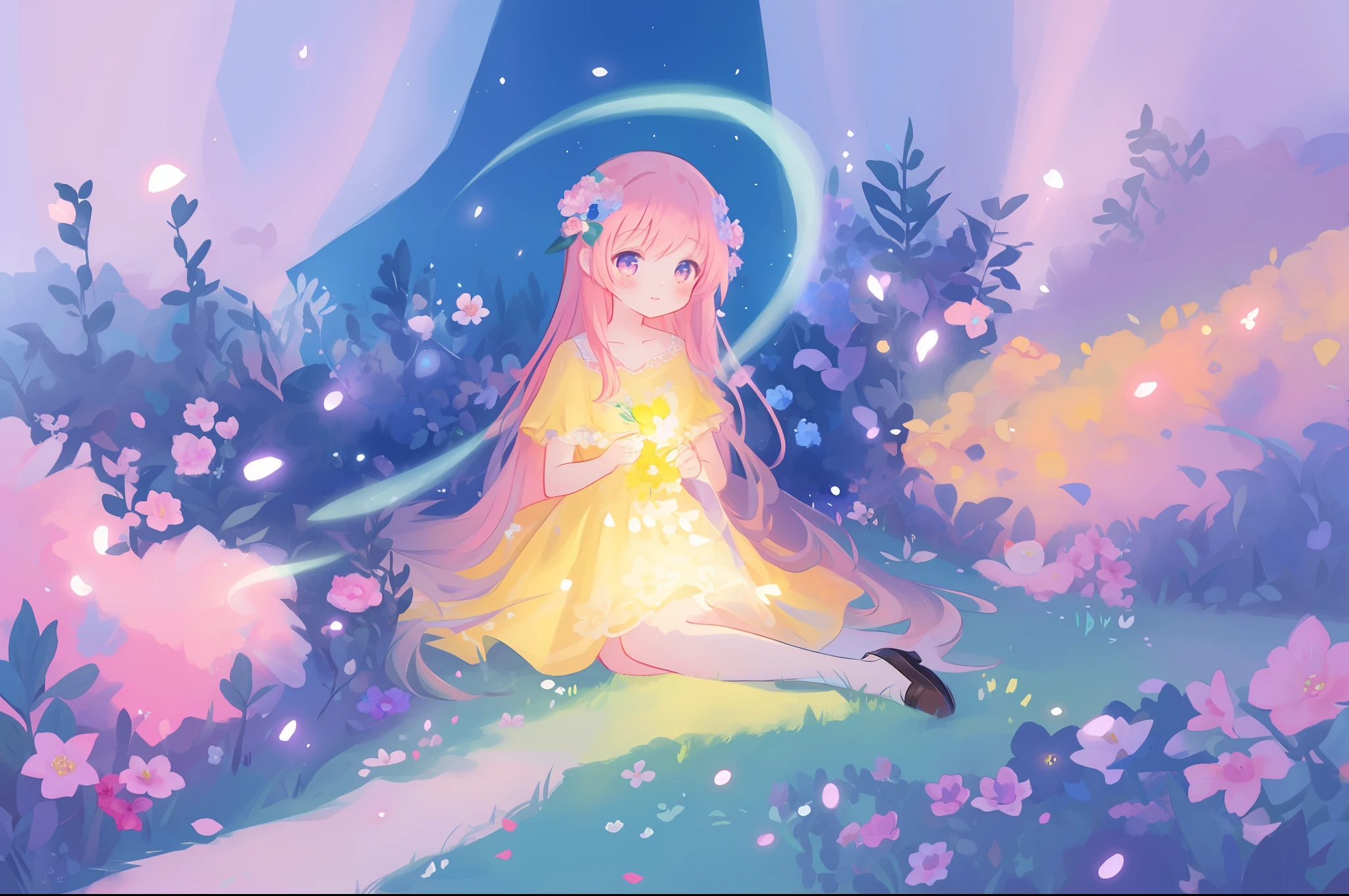 beautiful girl in flowing ballgown, flower fairy in a dress made of flower petals, flowers and colorful plants, inspired by Glen Keane, inspired by Lois van Baarle, disney art style, by Lois van Baarle, glowing aura around her, by Glen Keane, jen bartel, glowing lights! digital painting, flowing glowing hair, glowing flowing hair, beautiful digital illustration, fantasia otherworldly landscape plants flowers, beautiful, masterpiece, best quality, anime disney style