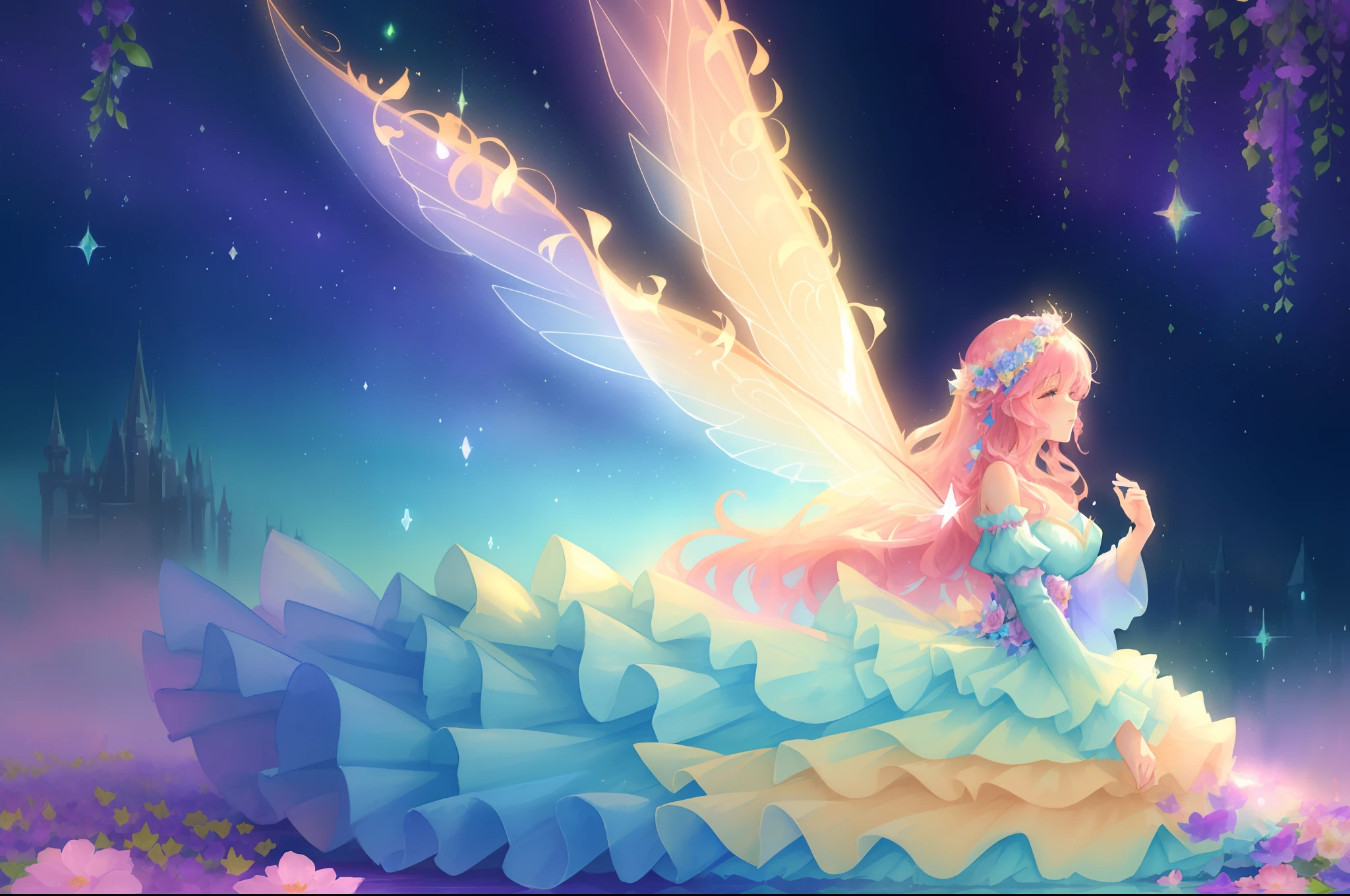 ((beautiful girl in flowing layered puff sleeve ballgown)), (sparkling fairy wings), glowing flowing ballgown, glowing hair, large fairy wings, watercolor illustration, flowers and colorful plants, inspired by Glen Keane, inspired by Lois van Baarle, disney art style, glowing aura , beautiful digital illustration, otherworldly landscape plants flowers, beautiful, masterpiece, best quality, anime disney style