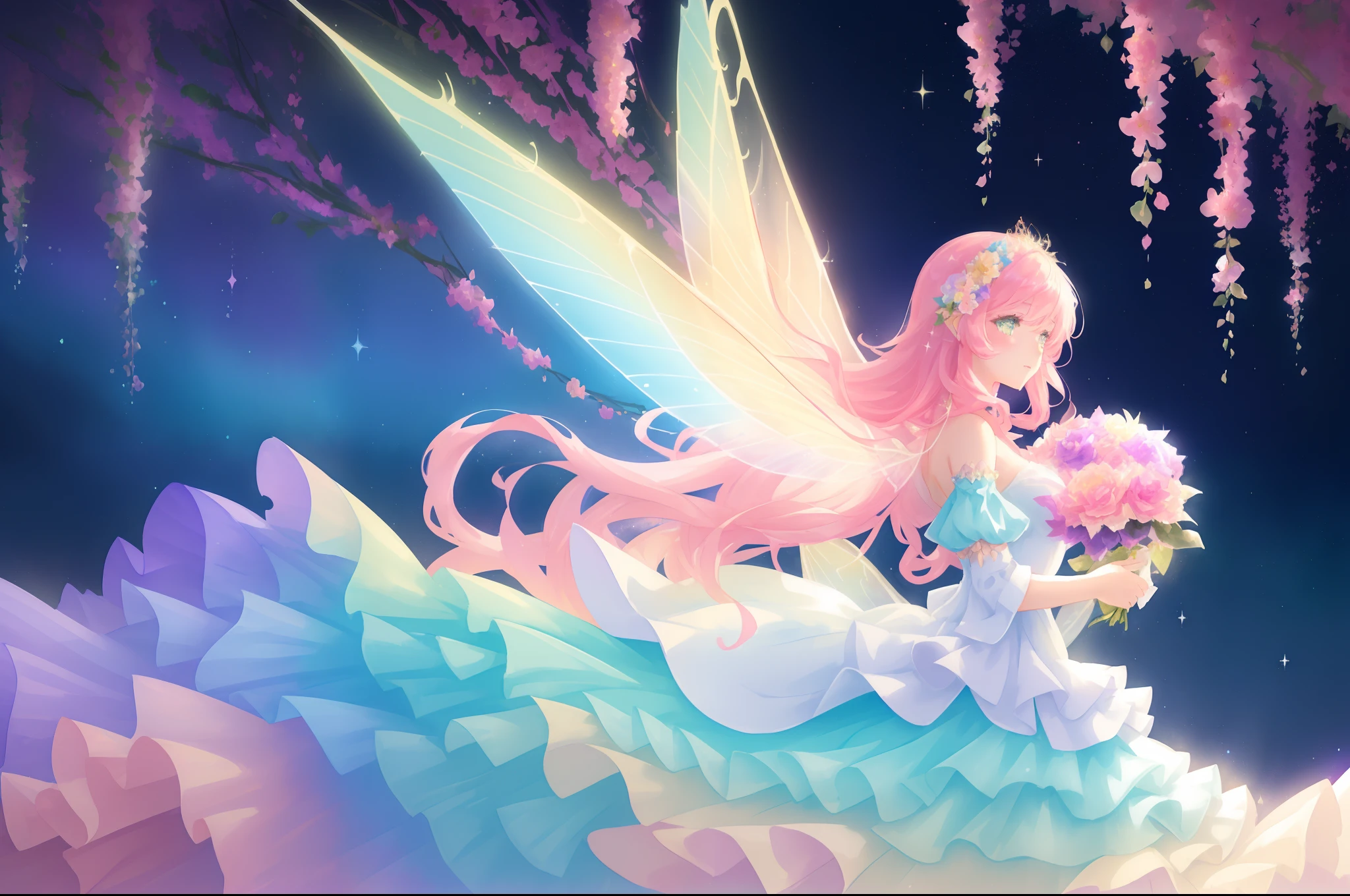 ((beautiful girl in flowing layered puff sleeve ballgown)), (sparkling fairy wings), glowing flowing ballgown, glowing hair, large fairy wings, watercolor illustration, flowers and colorful plants, inspired by Glen Keane, inspired by Lois van Baarle, disney art style, glowing aura , beautiful digital illustration, otherworldly landscape plants flowers, beautiful, masterpiece, best quality, anime disney style